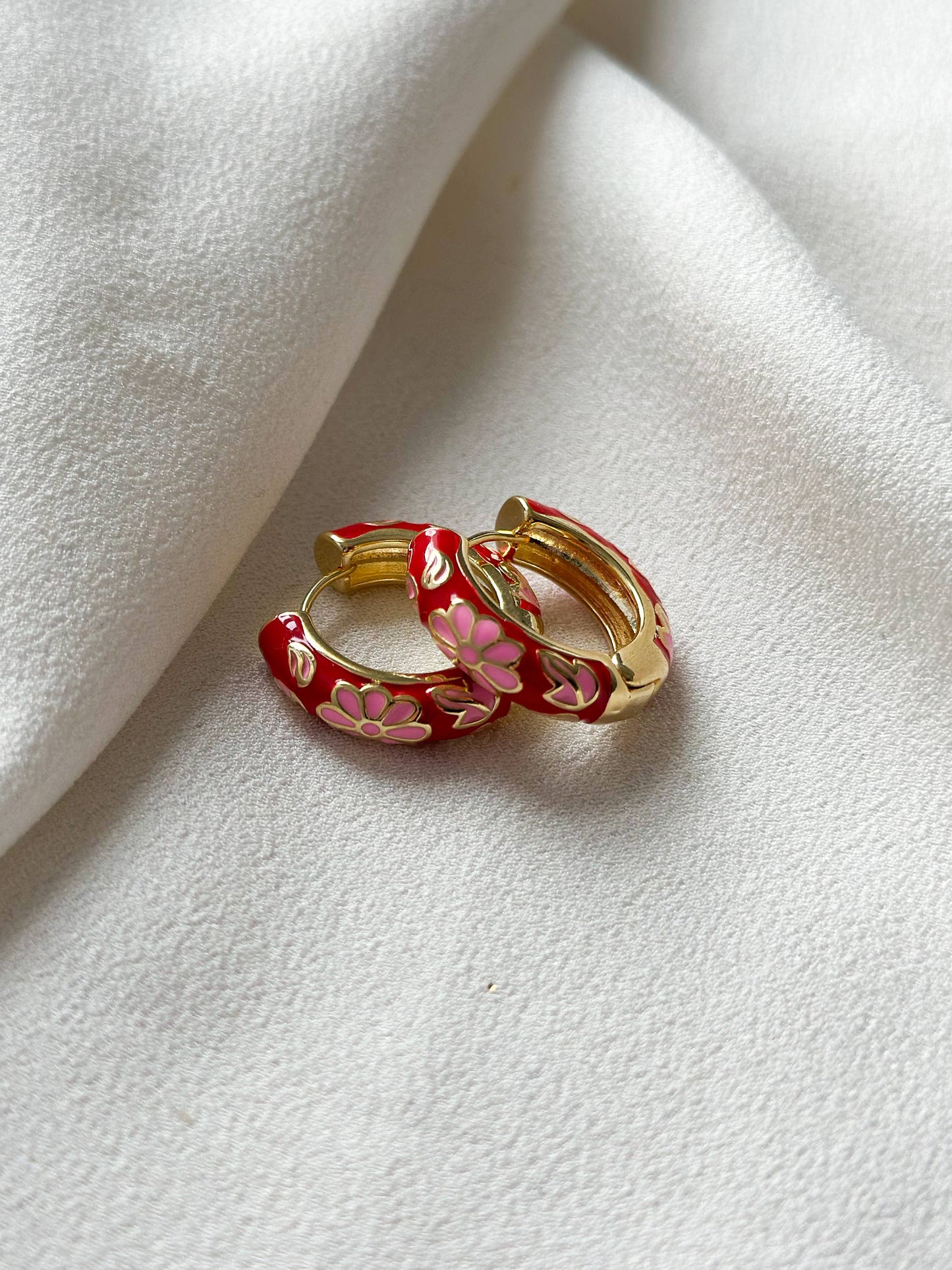 Floral Enamel Hoop Earrings | Red