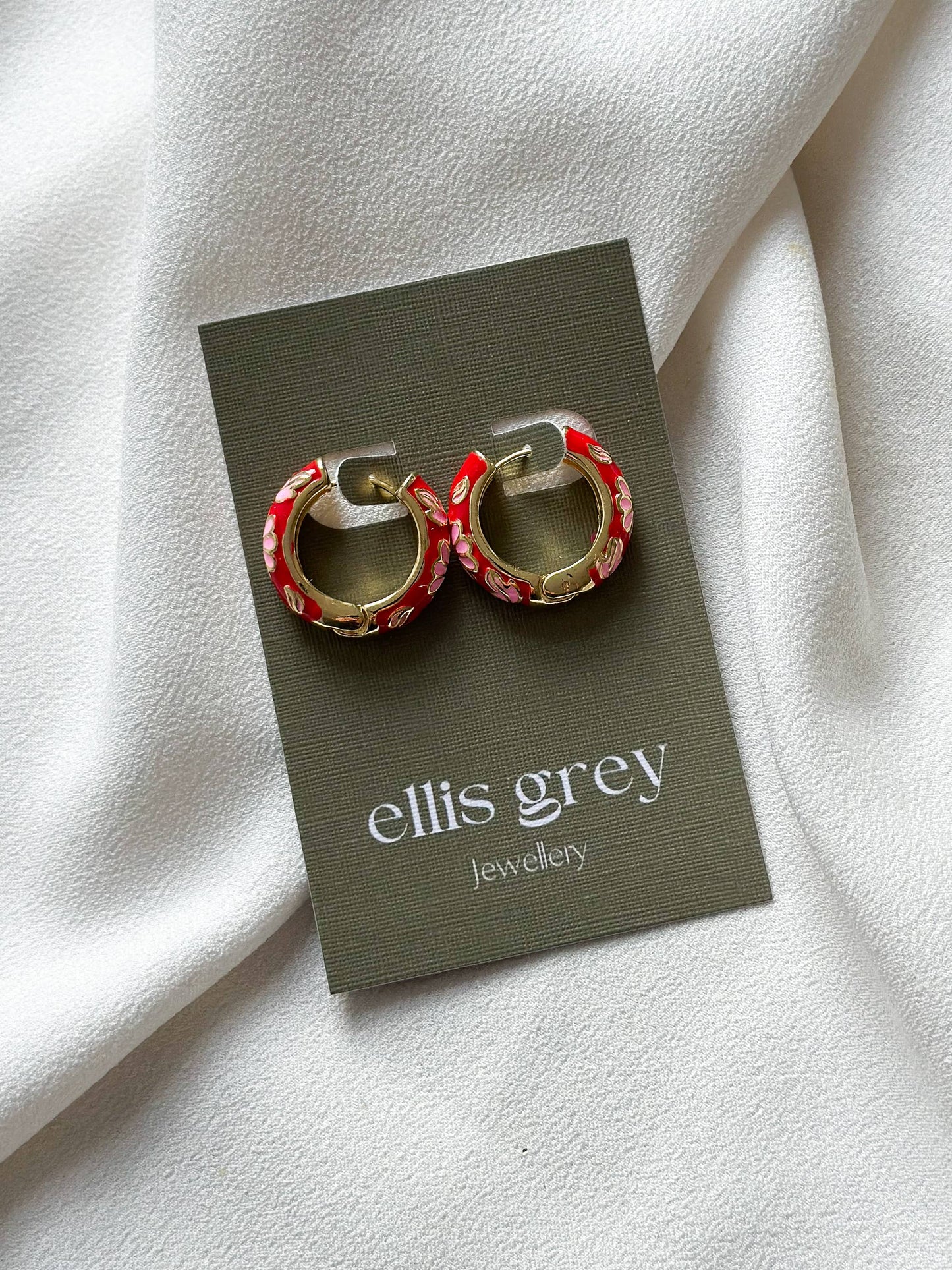 Floral Enamel Hoop Earrings | Red