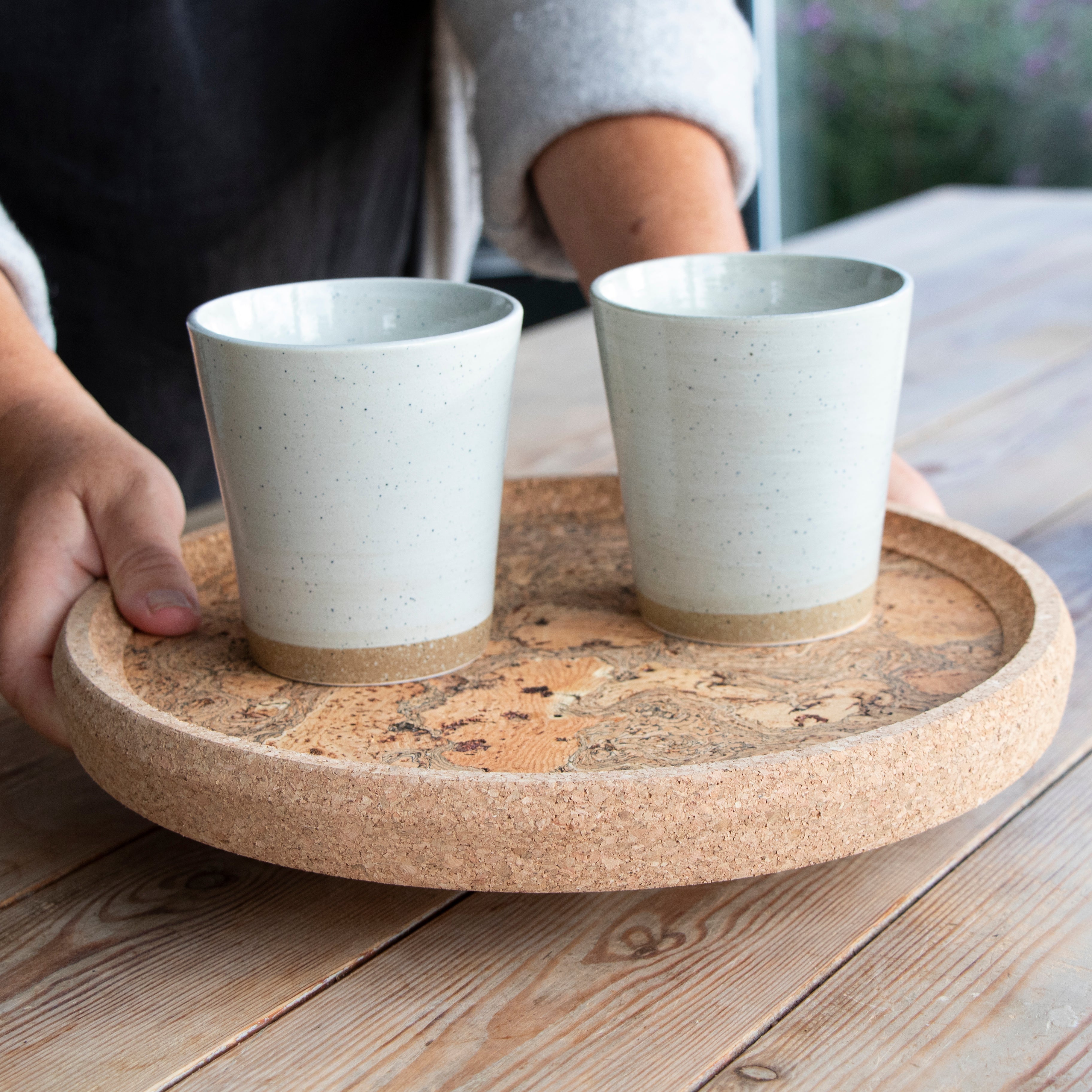 Handmade Eco Friendly Cork Tray With 4 shops Ceramic Tumblers And A Recycled Bottle Covered With Cork, Rustic Serving Tray, Eco Friendly Tray