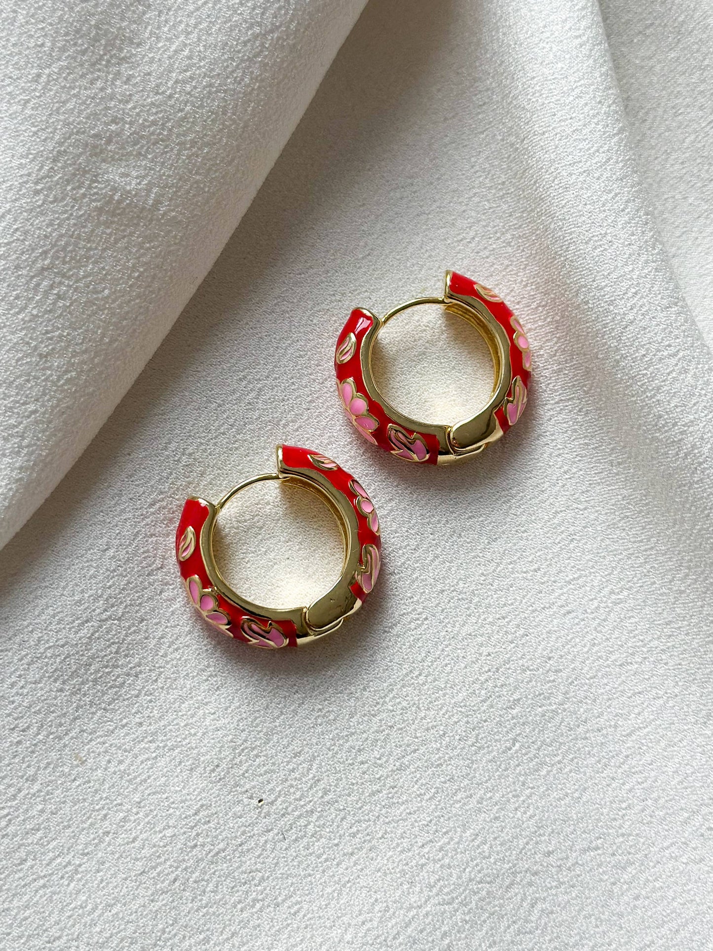 Floral Enamel Hoop Earrings | Red