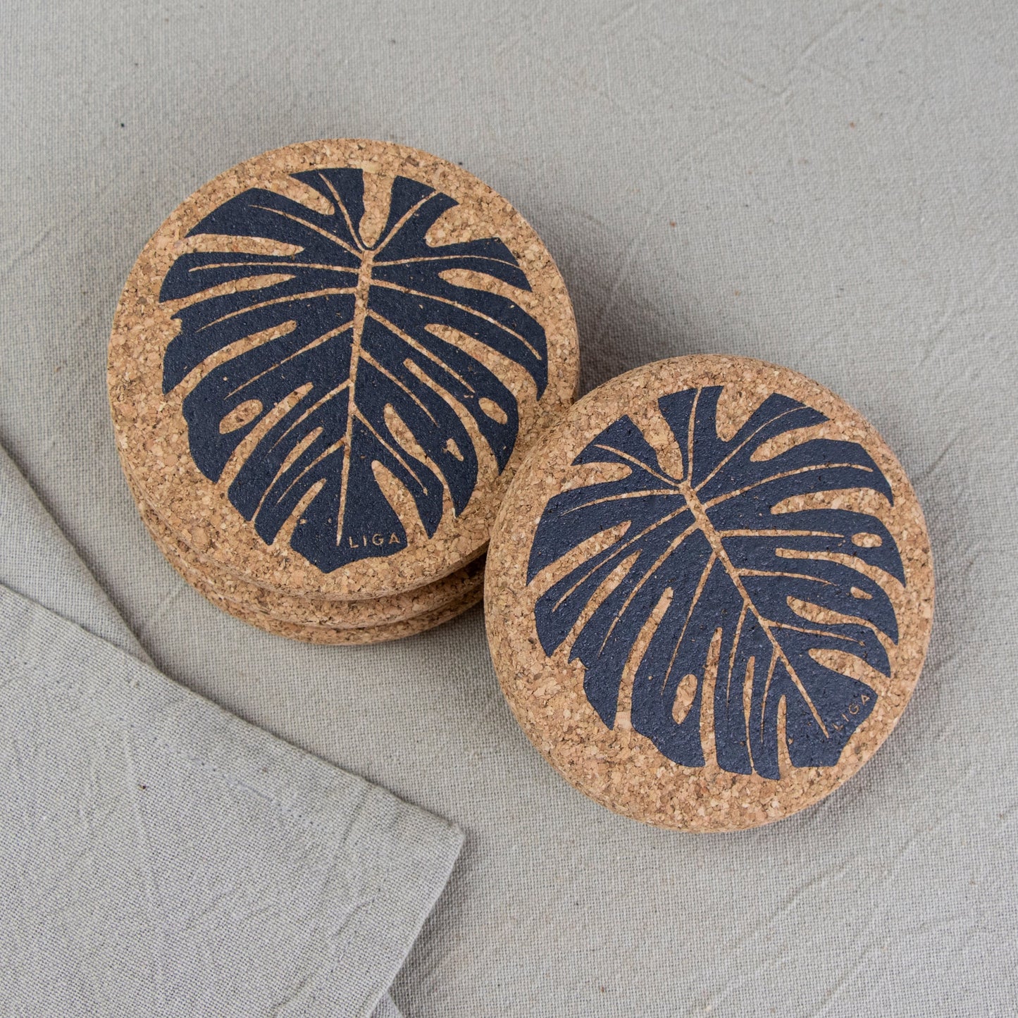 Cork Coaster Monstera Grey