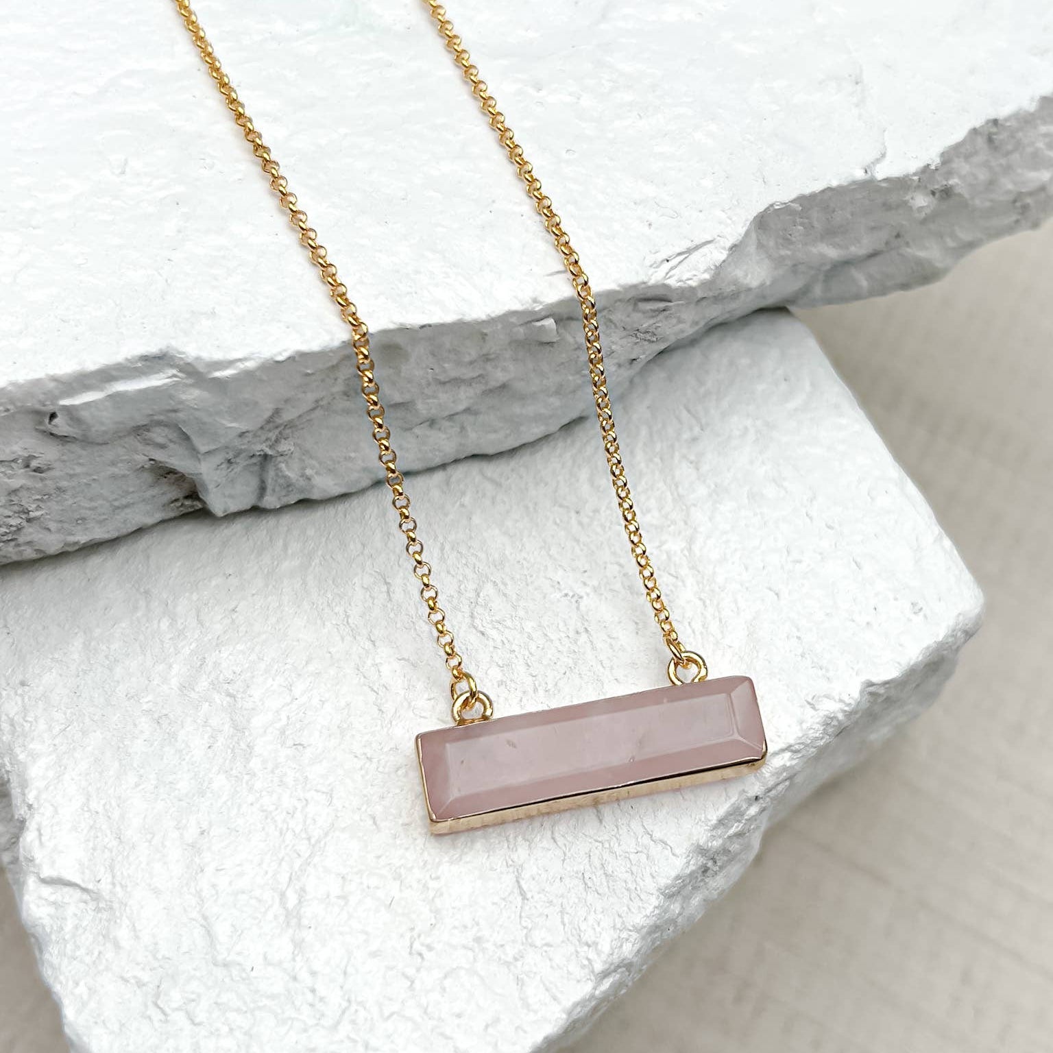 Rose Quartz Rectangle Gold Plated Necklace
