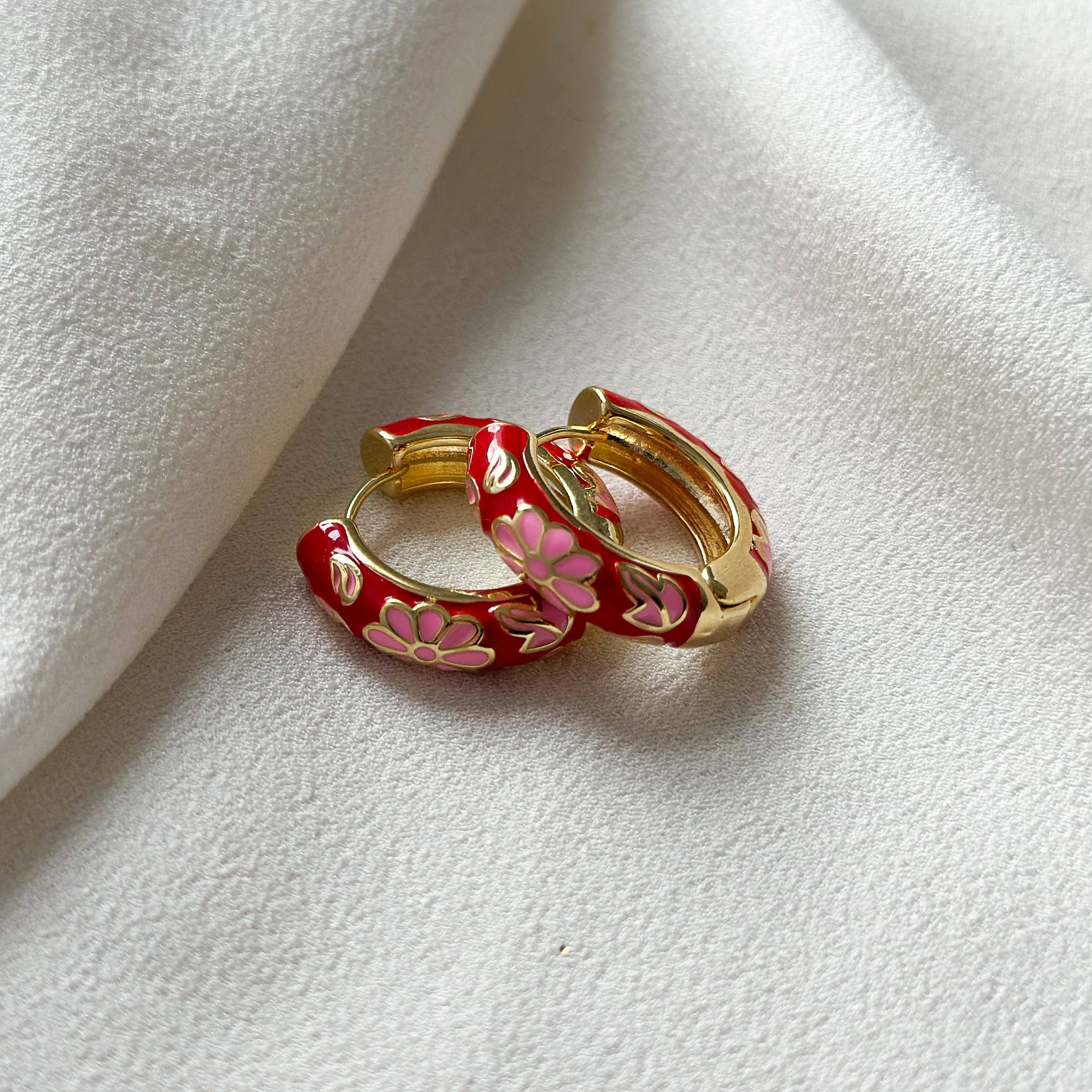 Floral Enamel Hoop Earrings | Red