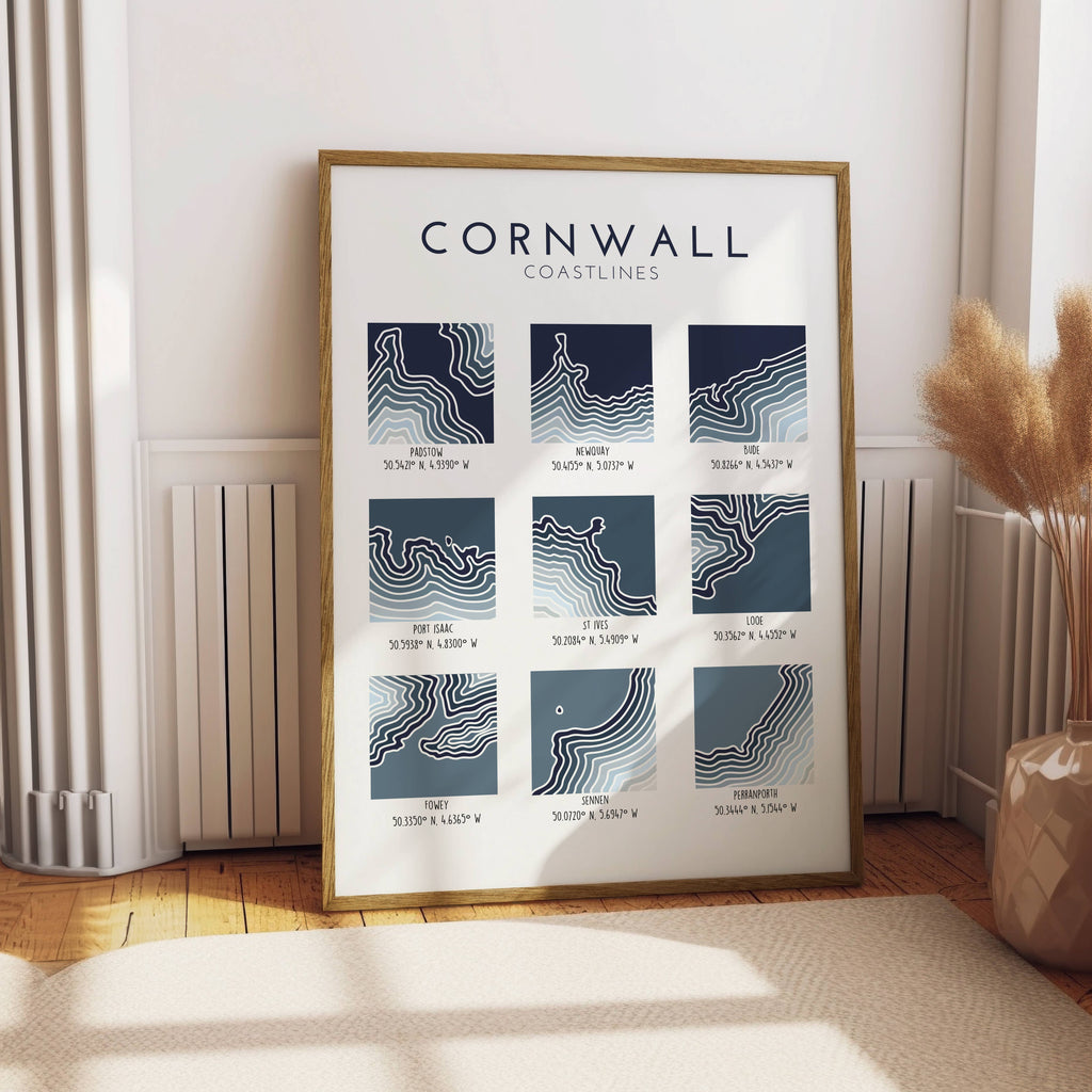 Cornwall Coastline Map Print | Coastal Wall Art | A3