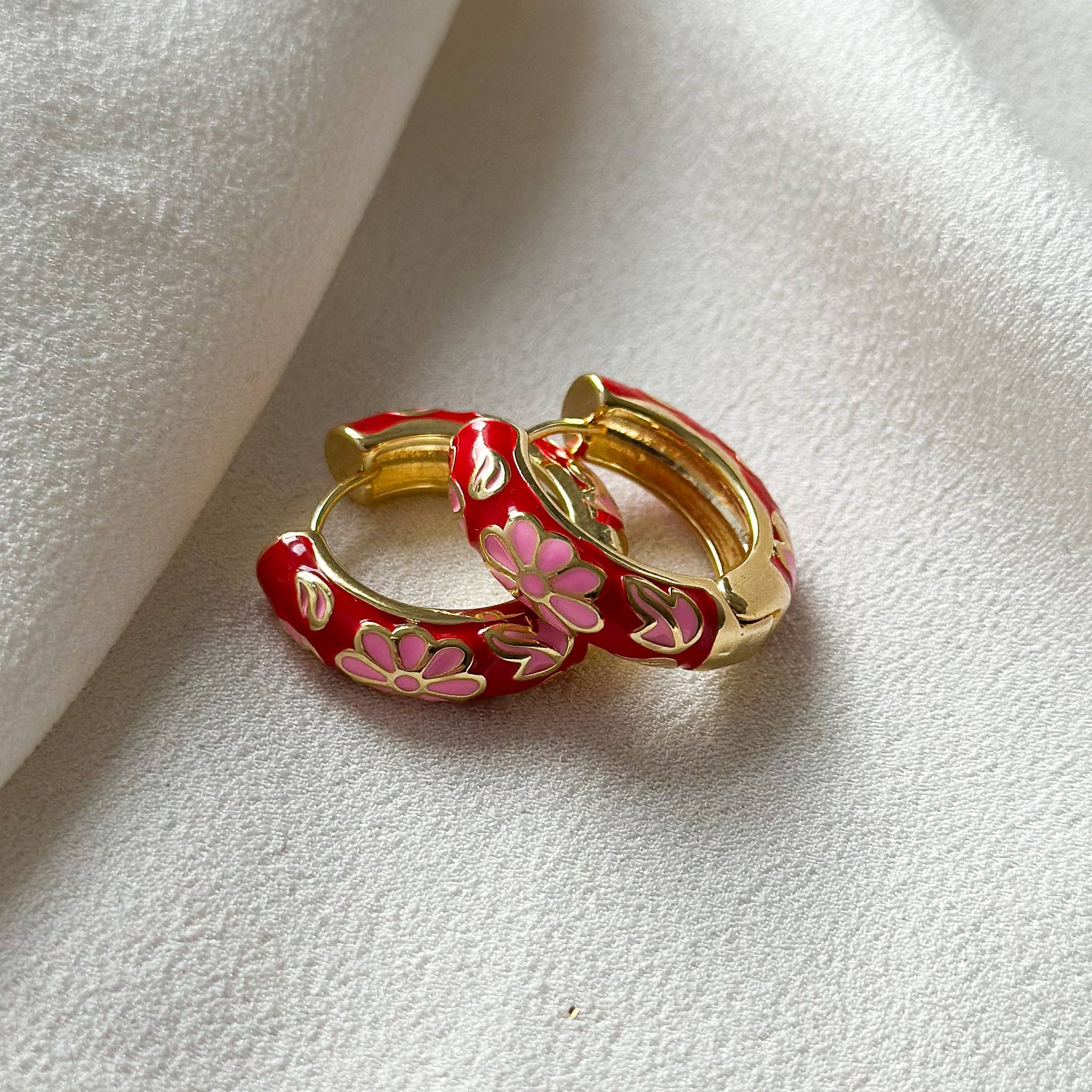 Floral Enamel Hoop Earrings | Red