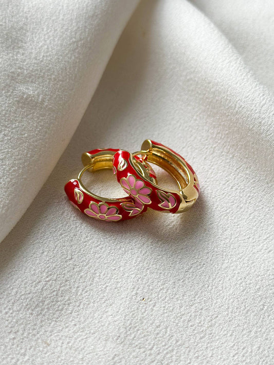 Floral Enamel Hoop Earrings | Red