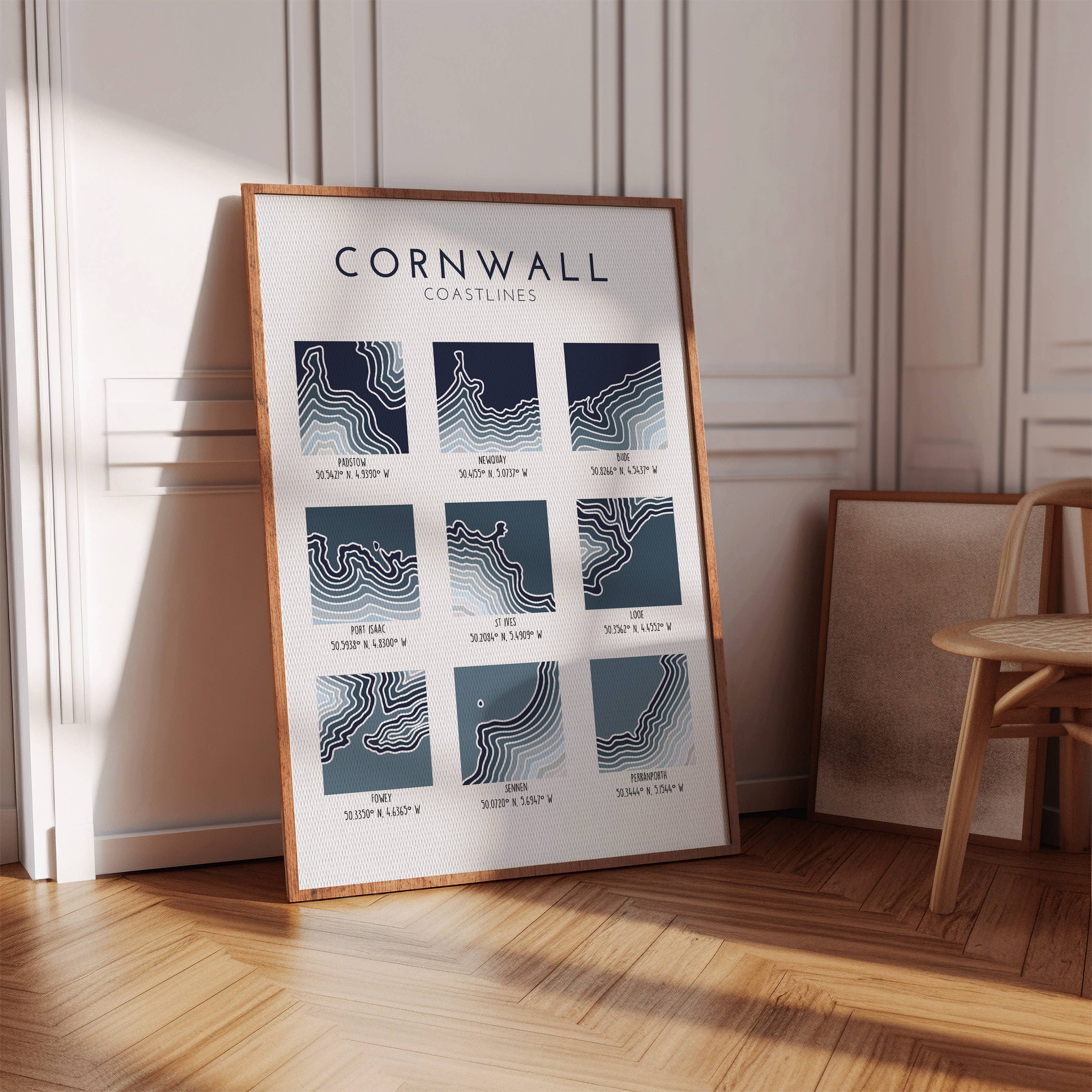 Cornwall Coastline Map Print | Coastal Wall Art | A3