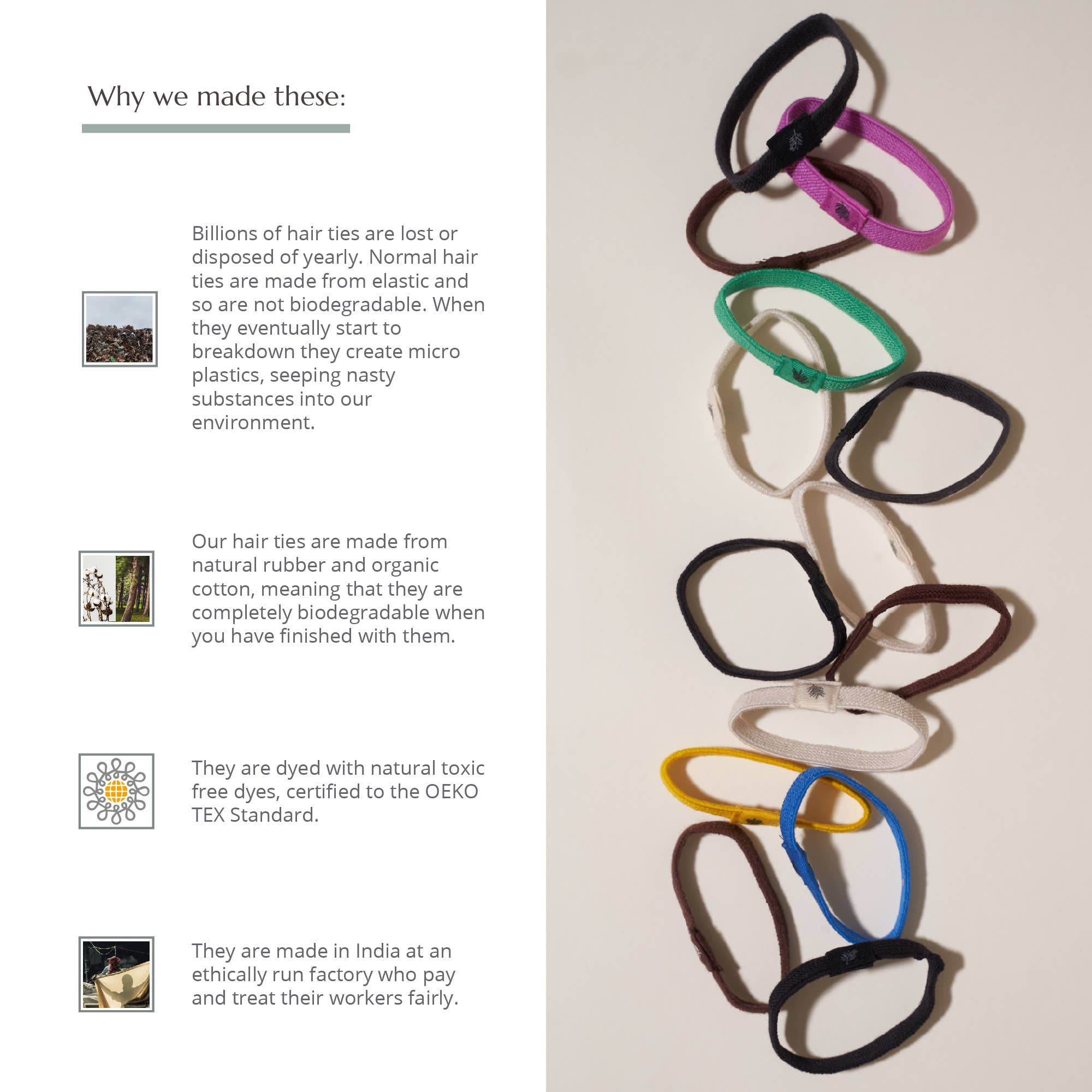 Plastic Free Hair Ties | 6 Pack | Multi Colour
