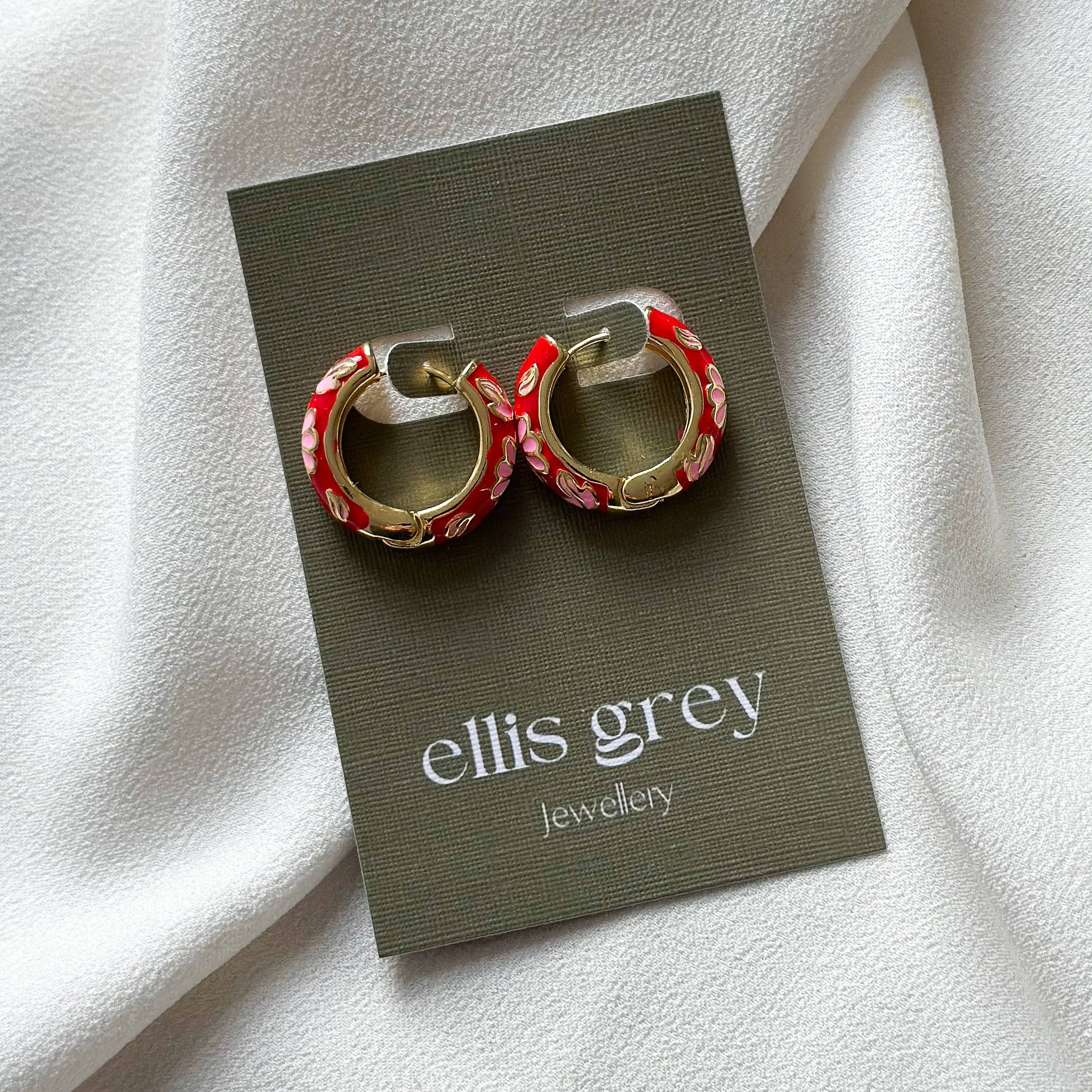 Floral Enamel Hoop Earrings | Red