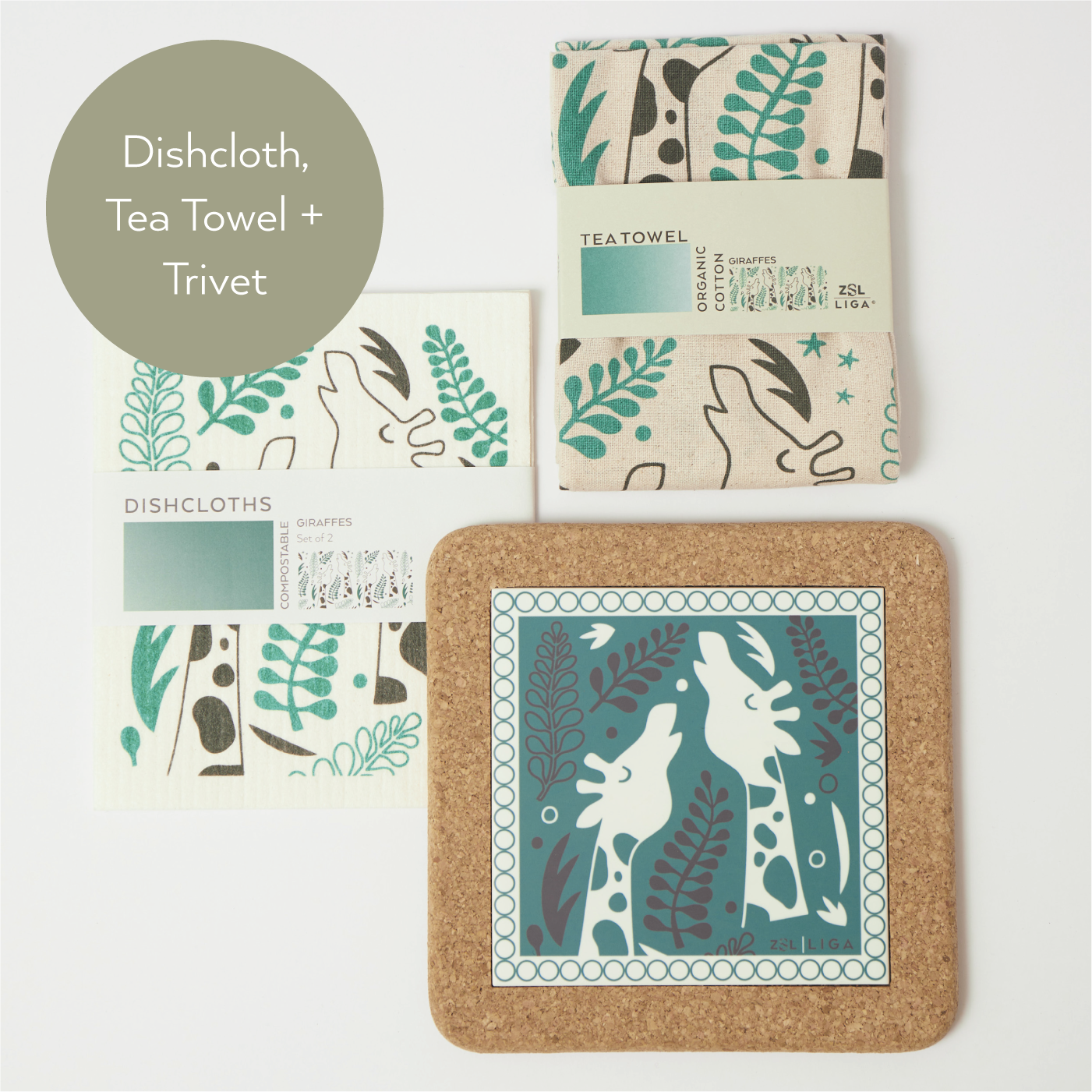 Giraffes  | Cork and Tile Trivet, Tea Towel and Dishcloths