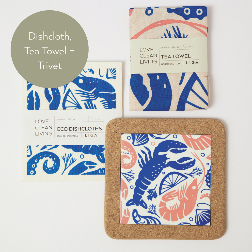 Seafood Platter | Cork and Tile Trivet, Tea Towel and Dishcloths