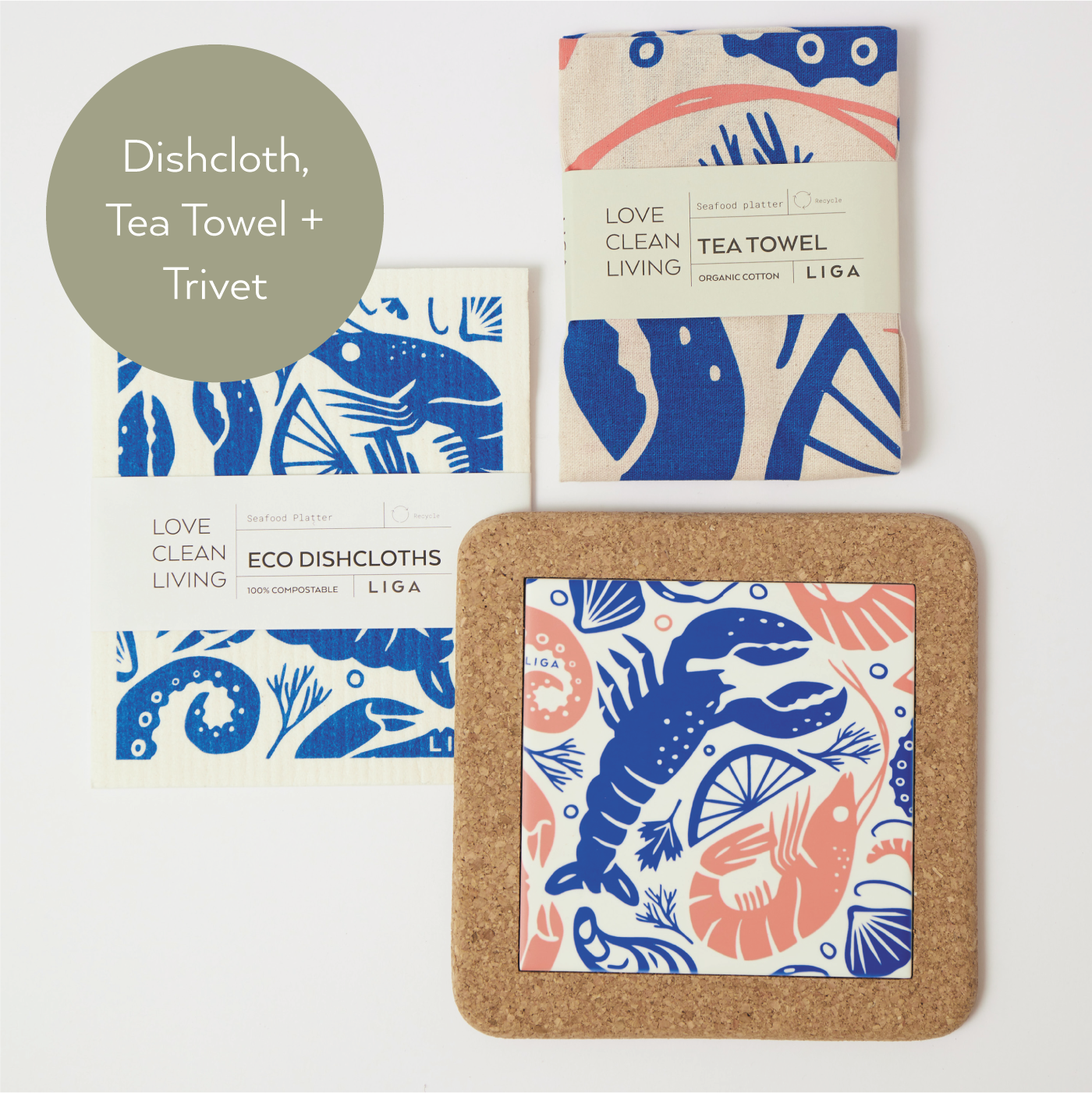 Seafood Platter | Cork and Tile Trivet, Tea Towel and Dishcloths