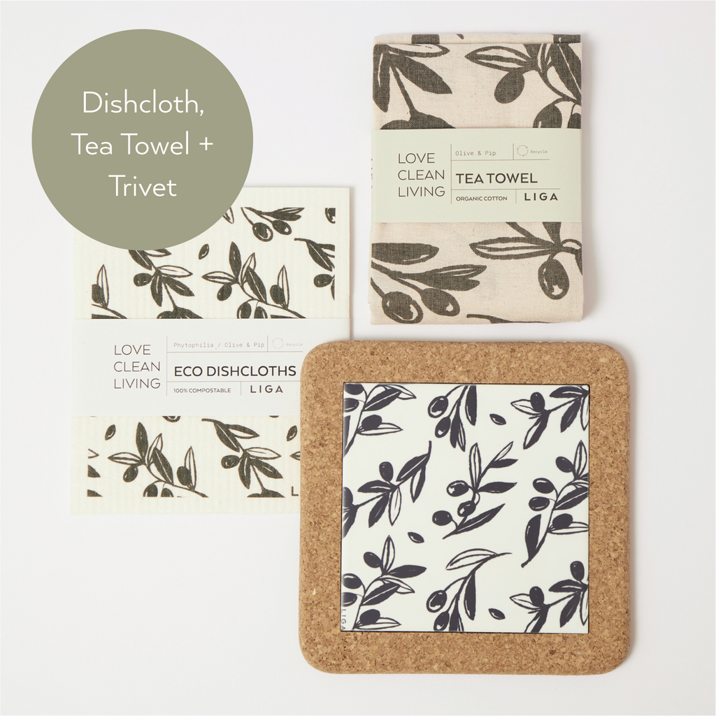Olive & Pip | Cork and Tile Trivet, Tea Towel and Dishcloths