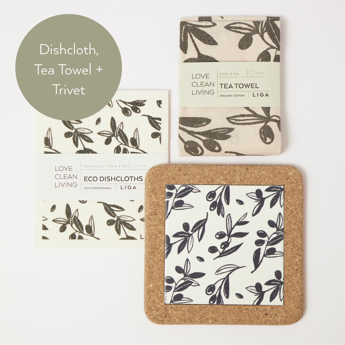Olive & Pip | Cork and Tile Trivet, Tea Towel and Dishcloths