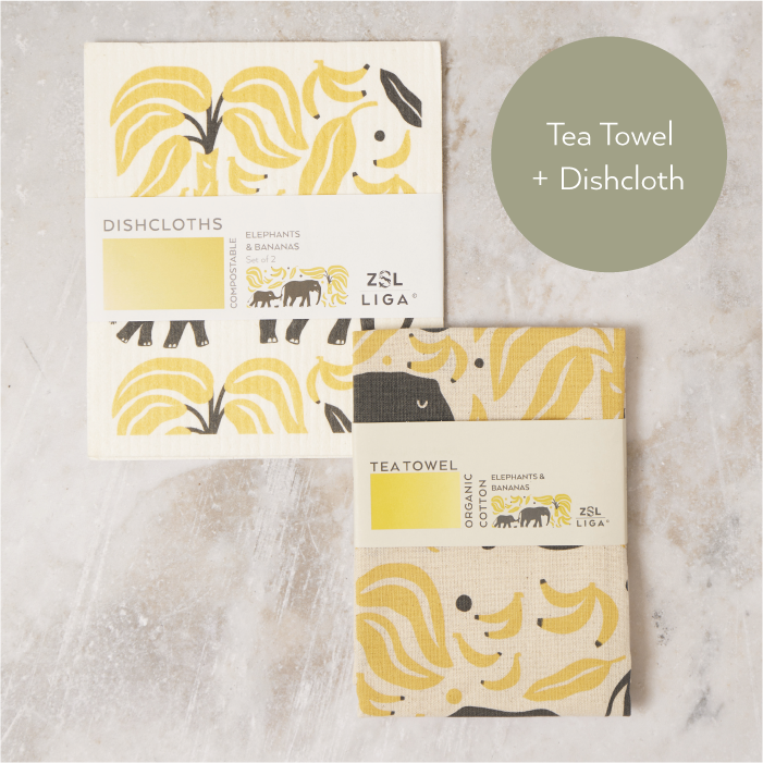 Tea Towel and matching Dishcloths | Elephant & Bananas