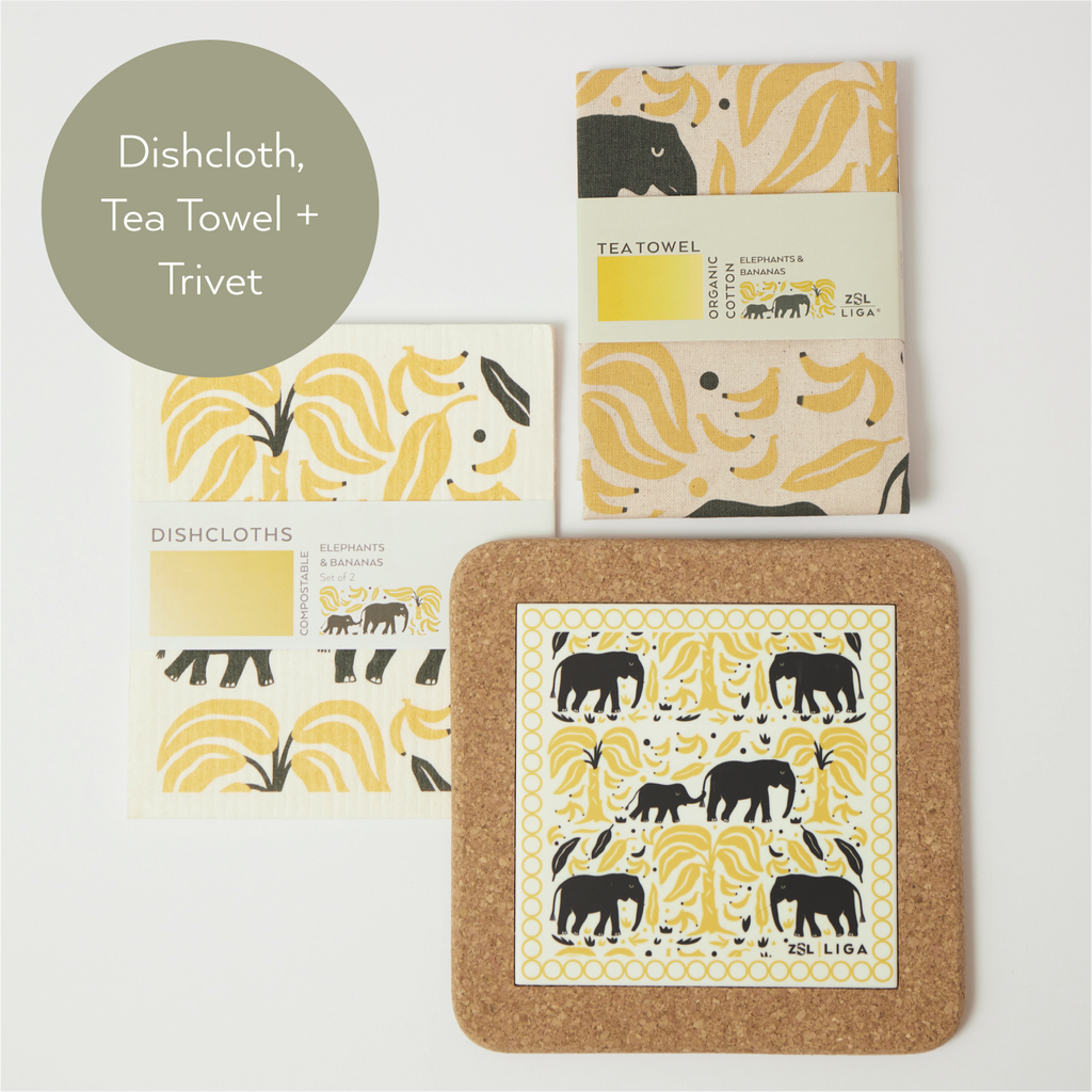 Elephants & Bananas  | Cork and Tile Trivet, Tea Towel and Dishcloths