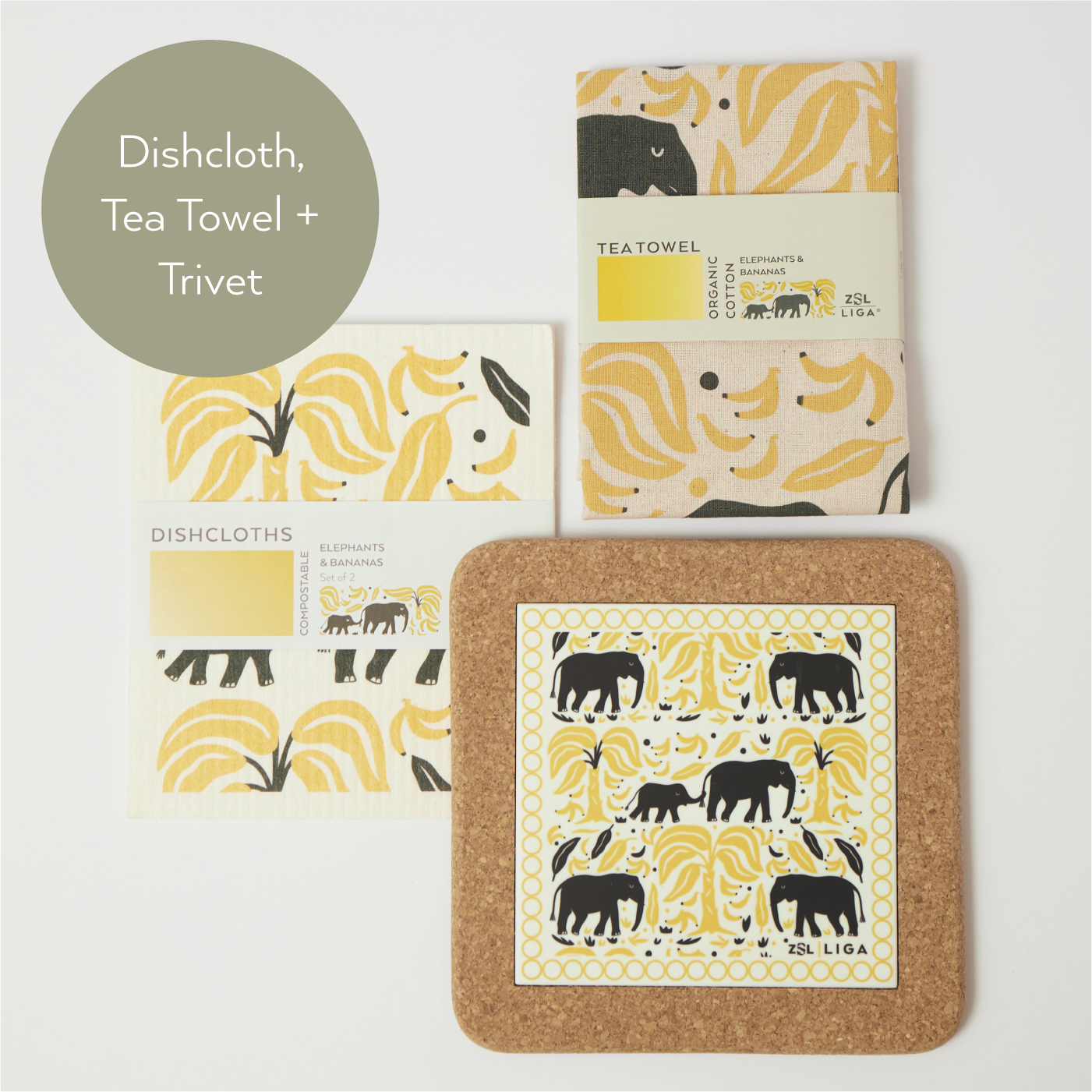 Elephants & Bananas  | Cork and Tile Trivet, Tea Towel and Dishcloths