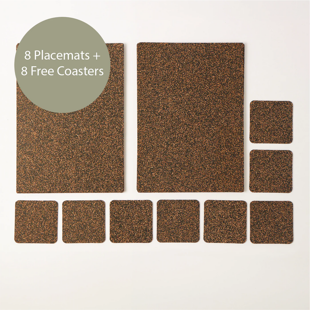 Dash Recycled Rubber & Cork Rectangle Placemats | Rectangle Set of 8 Plus 2 Sets of Free Coasters