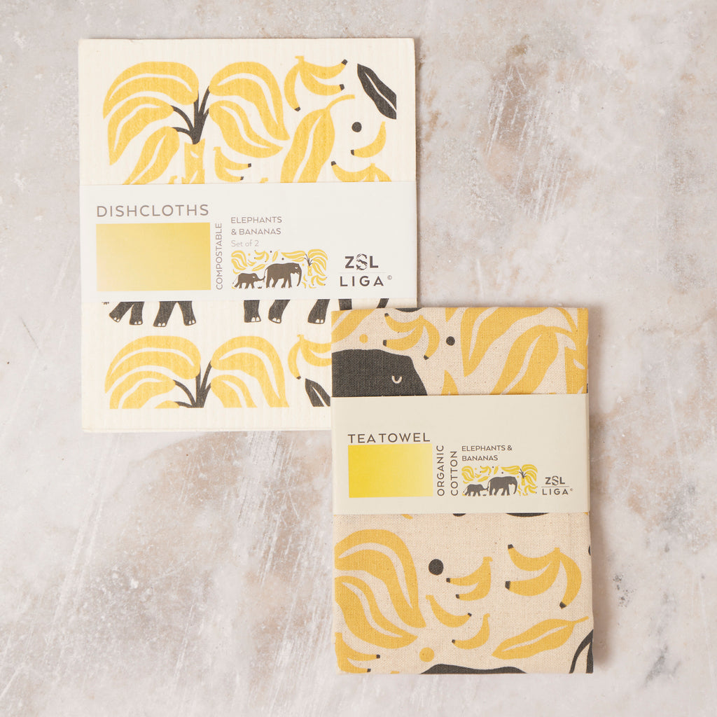 Tea Towel and matching Dishcloths | Elephant & Bananas