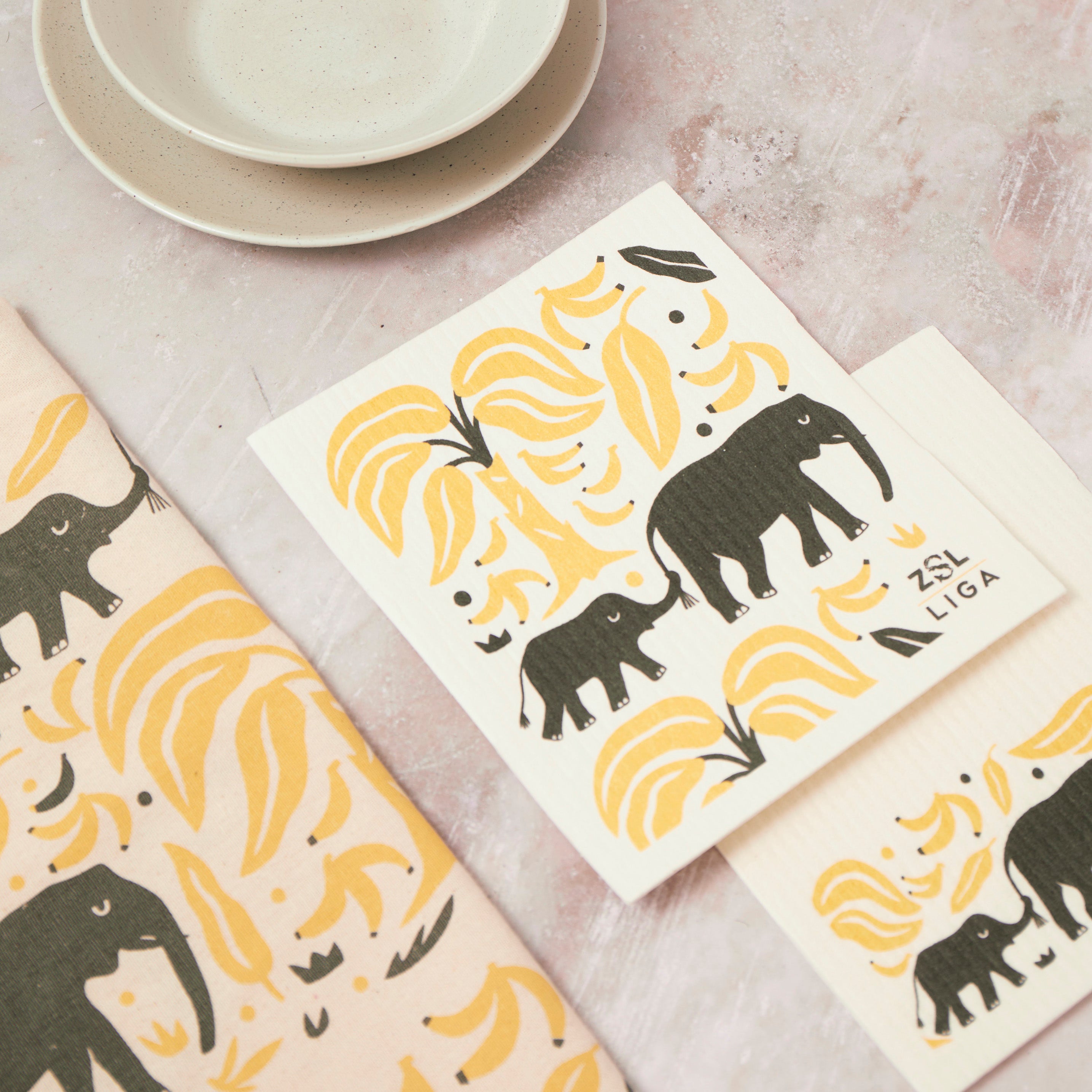 Tea Towel and matching Dishcloths | Elephant & Bananas
