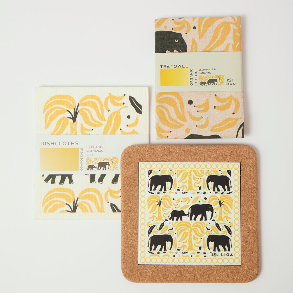Elephants & Bananas  | Cork and Tile Trivet, Tea Towel and Dishcloths