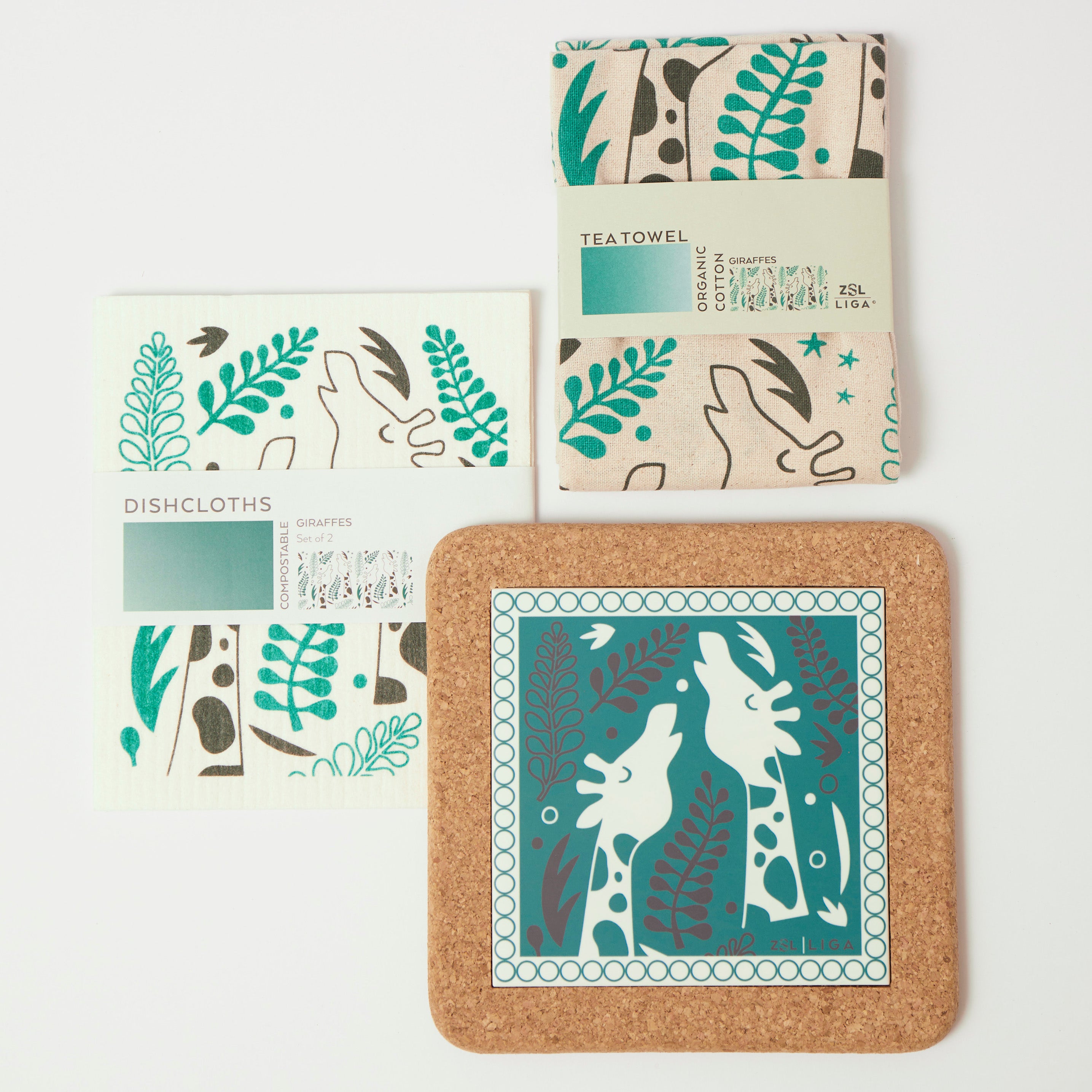 Giraffes  | Cork and Tile Trivet, Tea Towel and Dishcloths