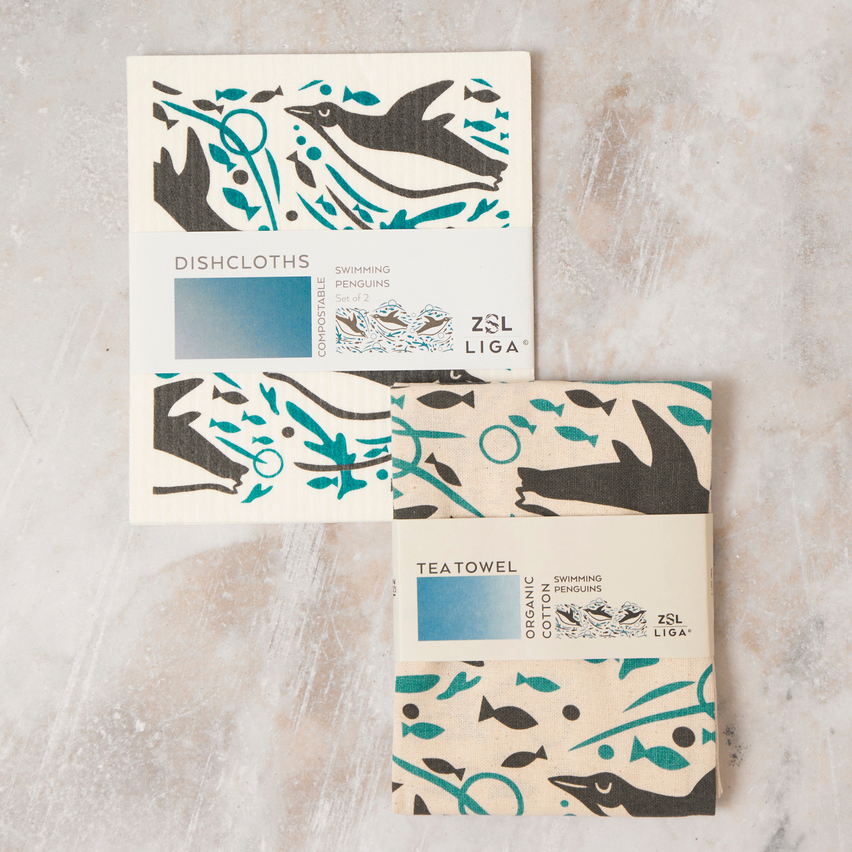 Swimming Penguin | Cork and Tile Trivet, Tea Towel and Dishcloths