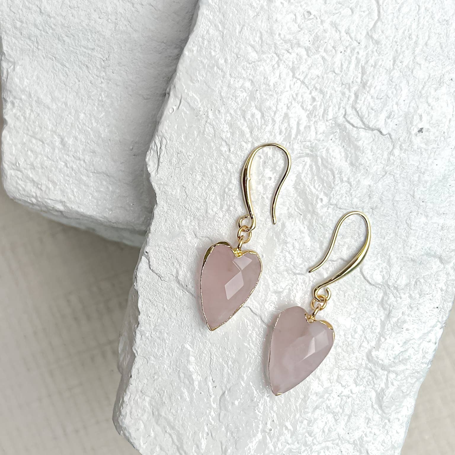 Rose Quartz Heart Gold Plated Earrings