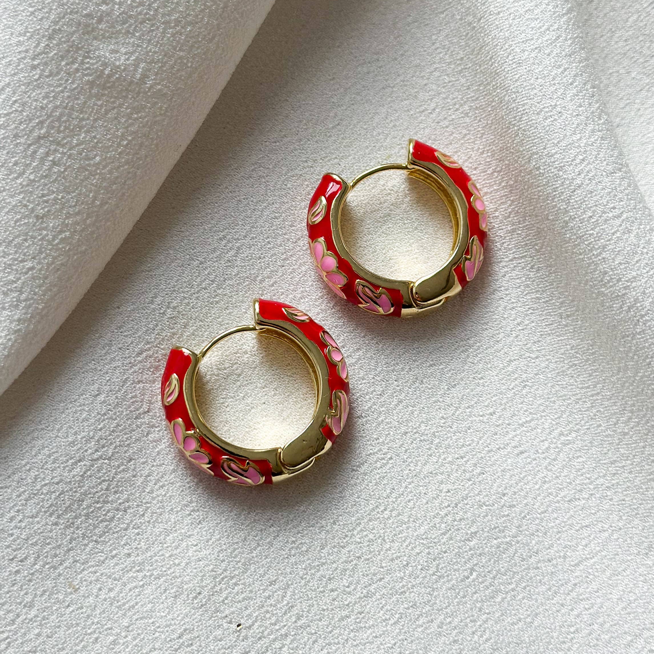 Floral Enamel Hoop Earrings | Red