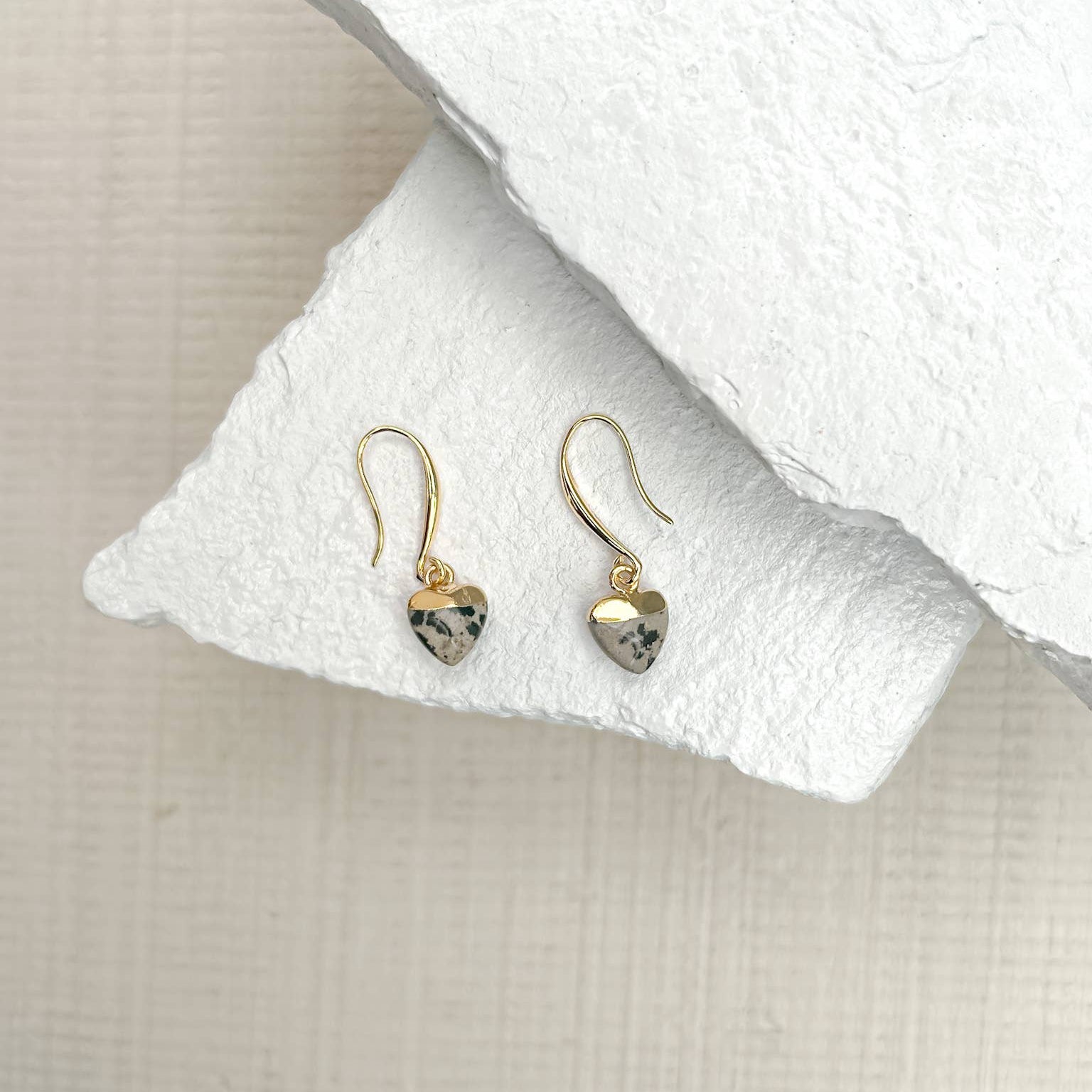 Dalmation Jasper Heart Gold Plated Earrings