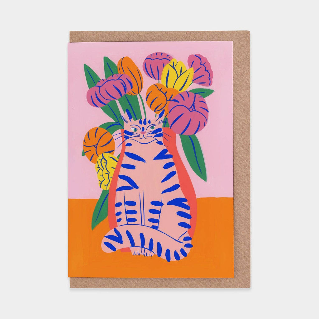 Orange Bouquet Cat Greetings Card by Agathe Singer