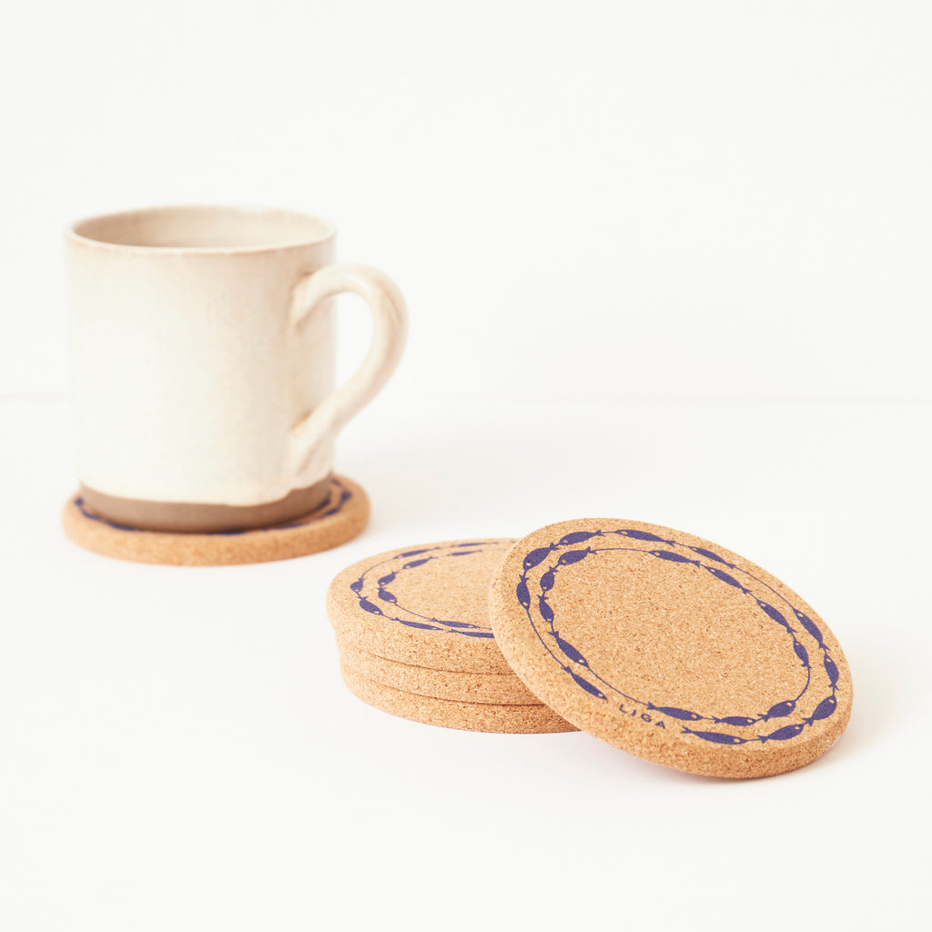 Cork Coaster Fish on a Line Navy