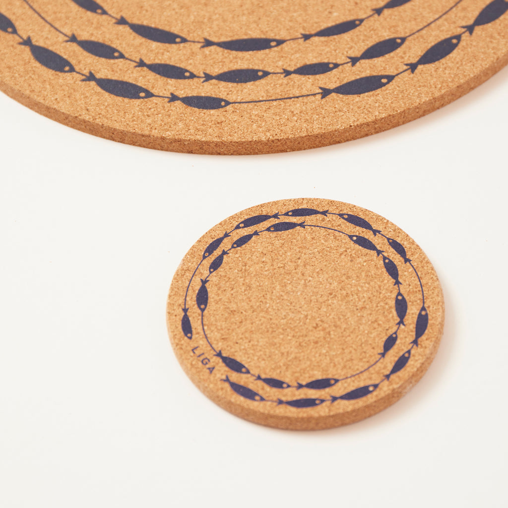 Cork Coaster Fish on a Line Navy