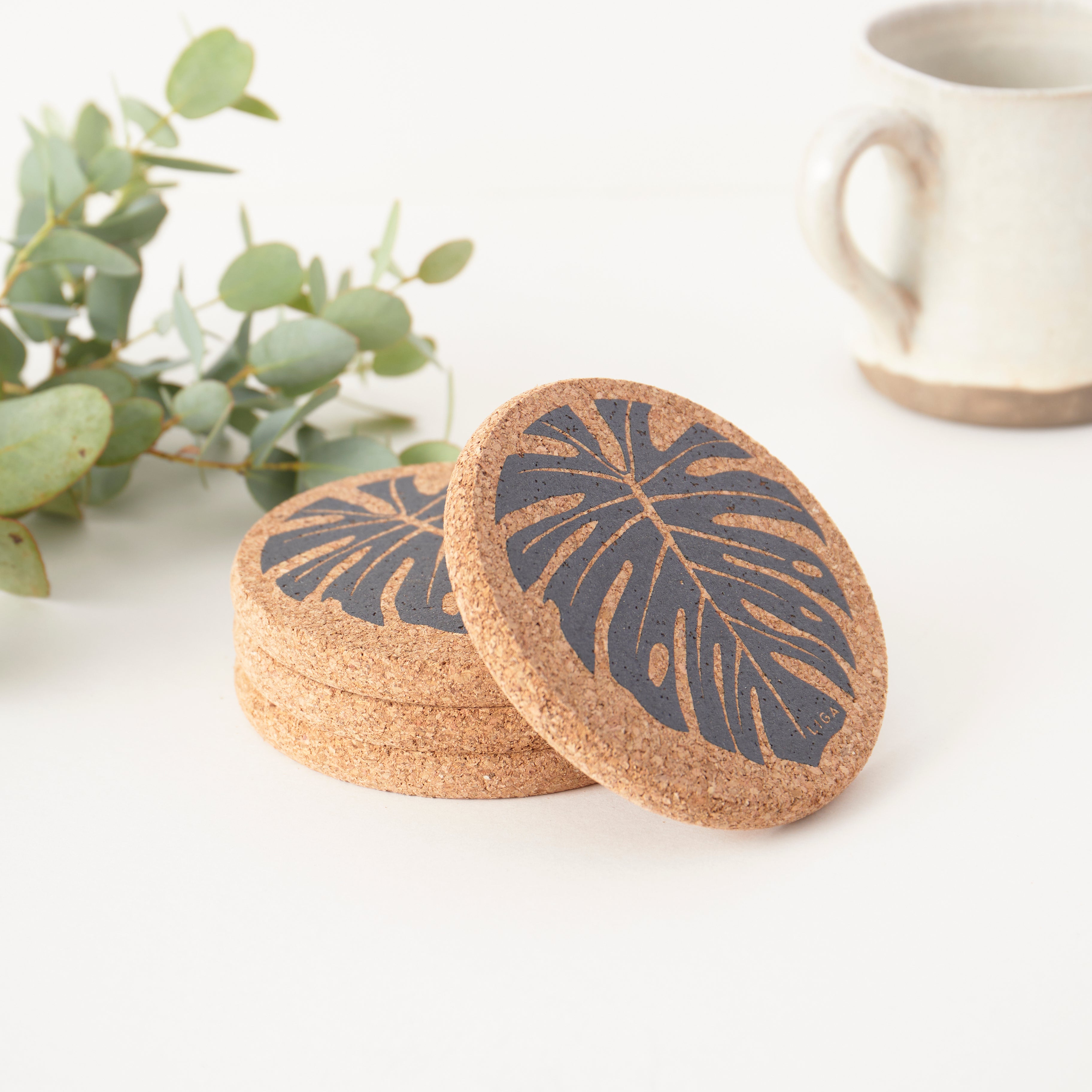 Cork Coaster Monstera Grey
