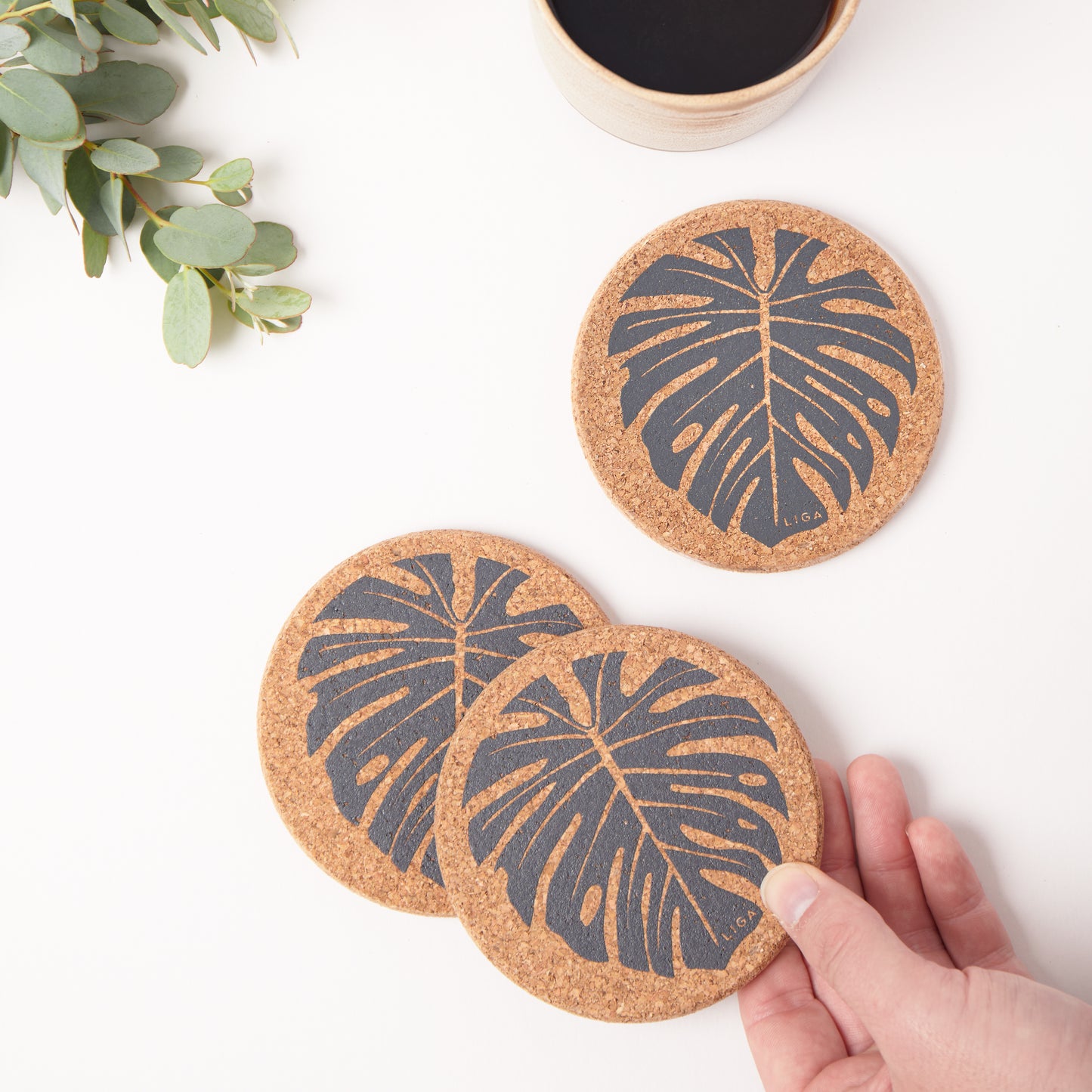 Cork Coaster Monstera Grey