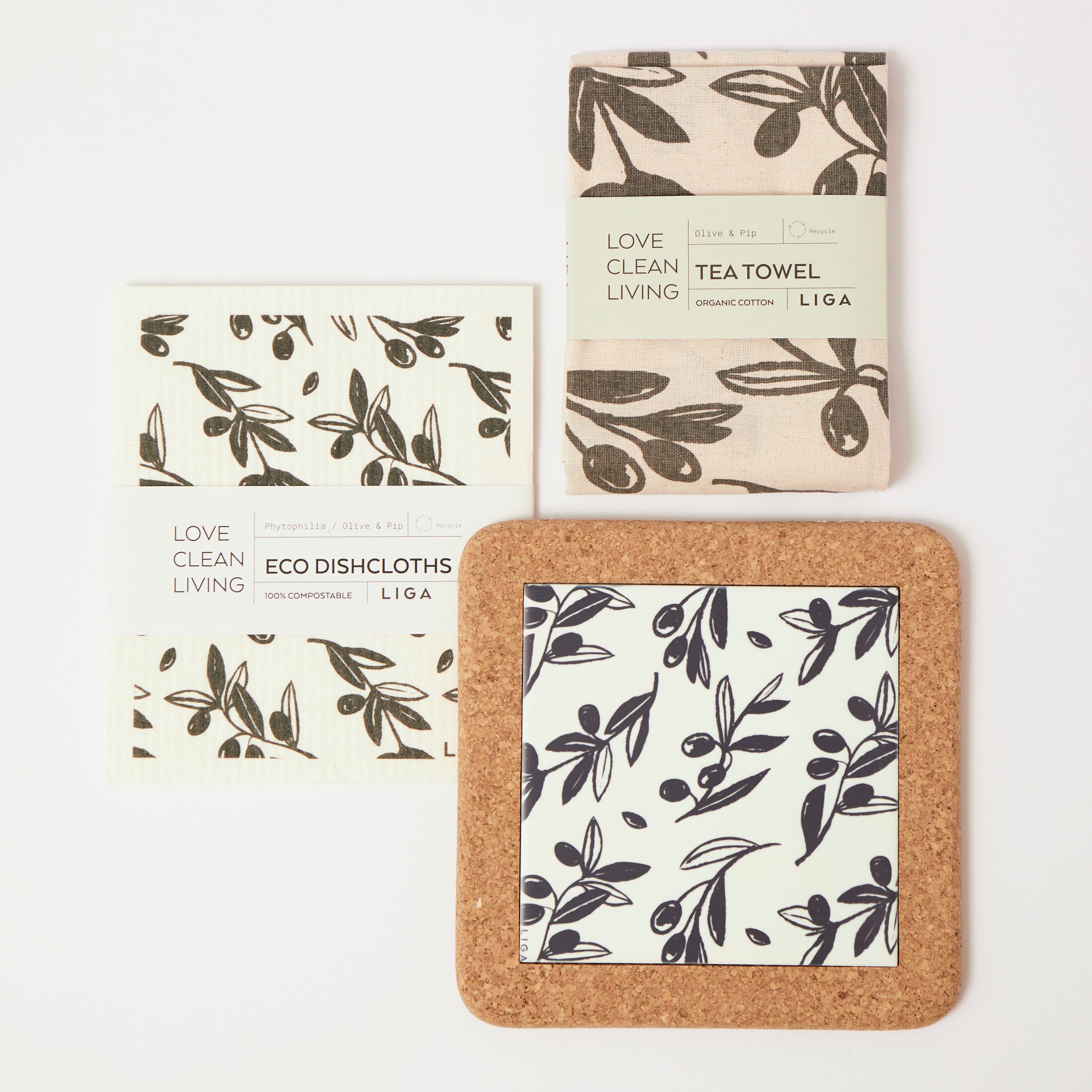 Olive & Pip | Cork and Tile Trivet, Tea Towel and Dishcloths