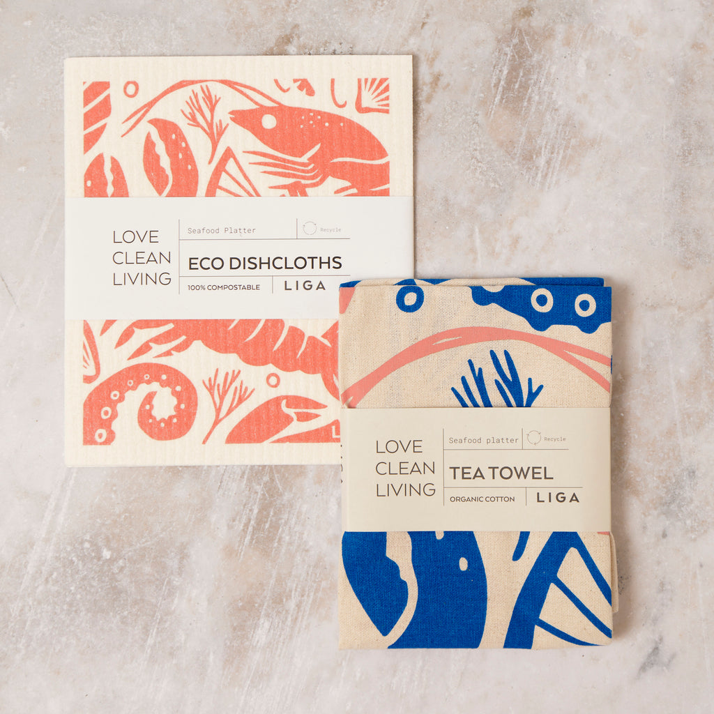 Seafood Platter | Cork and Tile Trivet, Tea Towel and Dishcloths