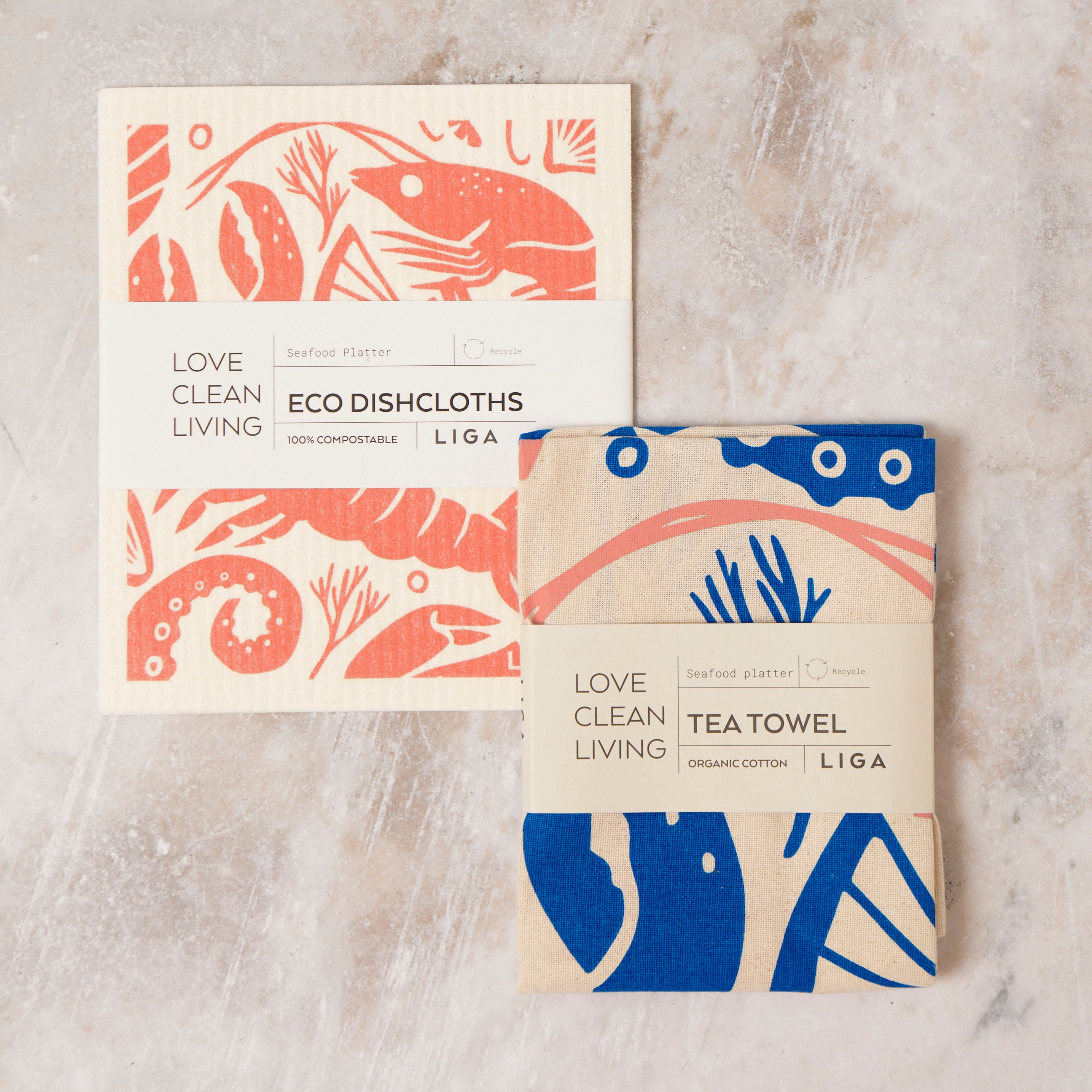Seafood Platter | Cork and Tile Trivet, Tea Towel and Dishcloths