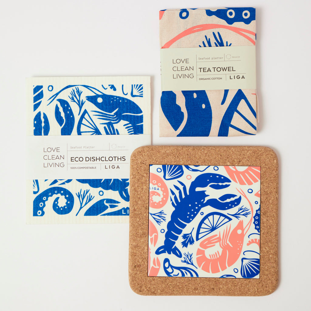 Seafood Platter | Cork and Tile Trivet, Tea Towel and Dishcloths