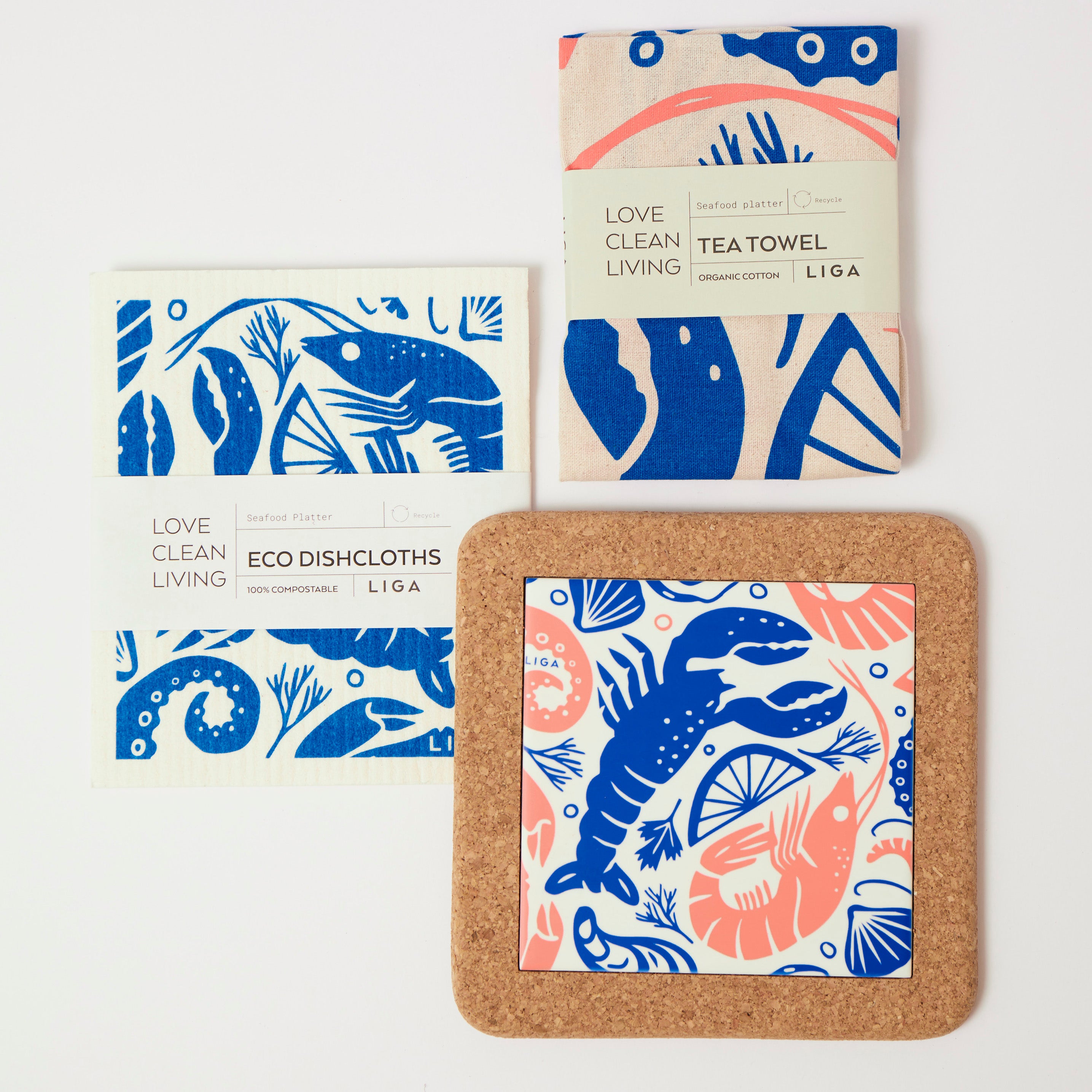 Seafood Platter | Cork and Tile Trivet, Tea Towel and Dishcloths