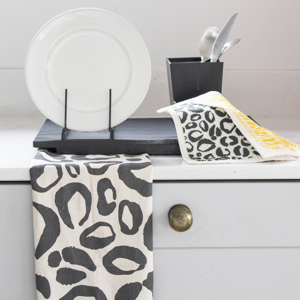 Eco Friendly compostable dishcloths & organic cotton tea towel in leopard and tiger