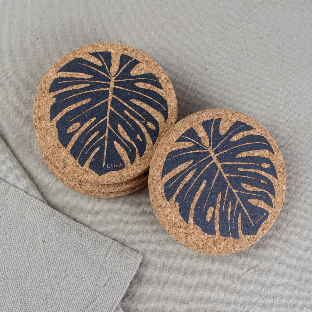 Cork Coaster Monstera Grey