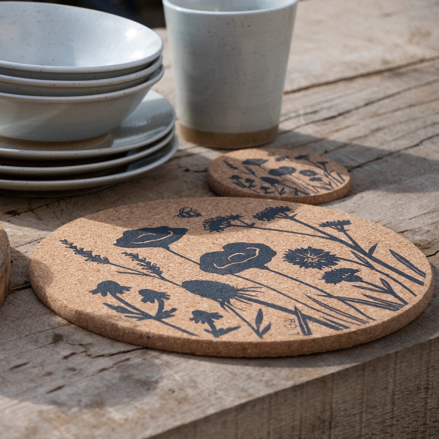 Eco Friendly Cork placemats with a wildflower design, inspired by nature.