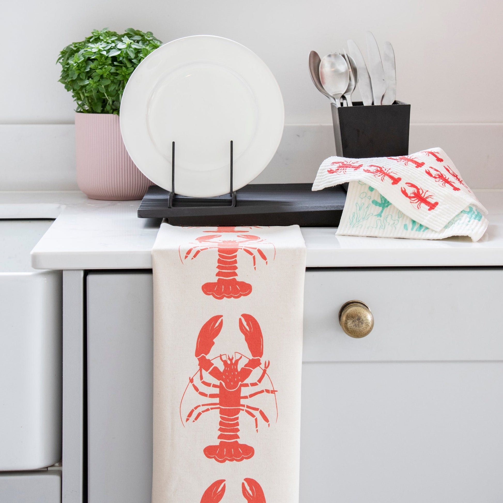 Organic Cotton Tea Towel with Lobster design and eco friendly compostable dishcloths