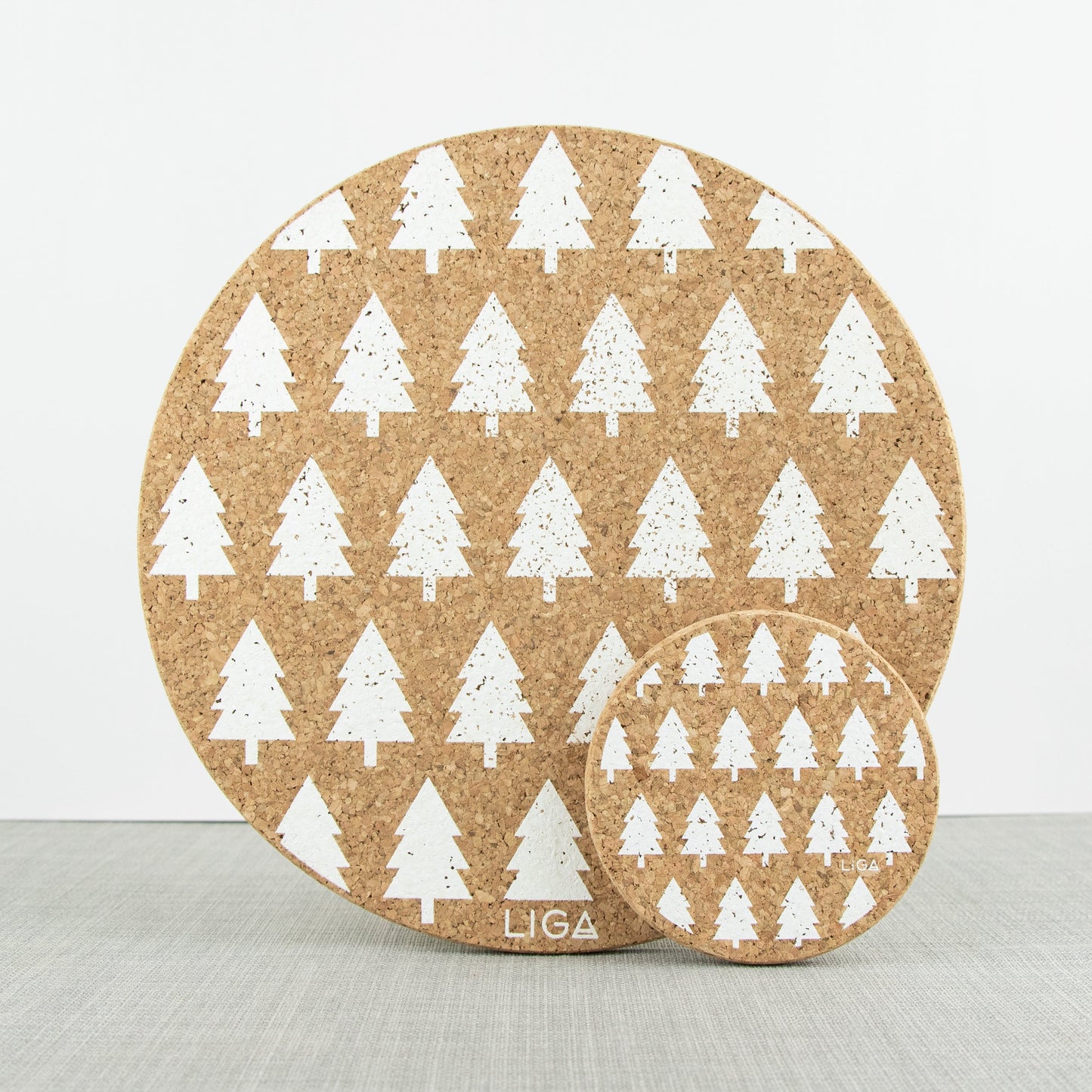 LIGA eco living sustainable cork coaster and placemat with white printed tree design
